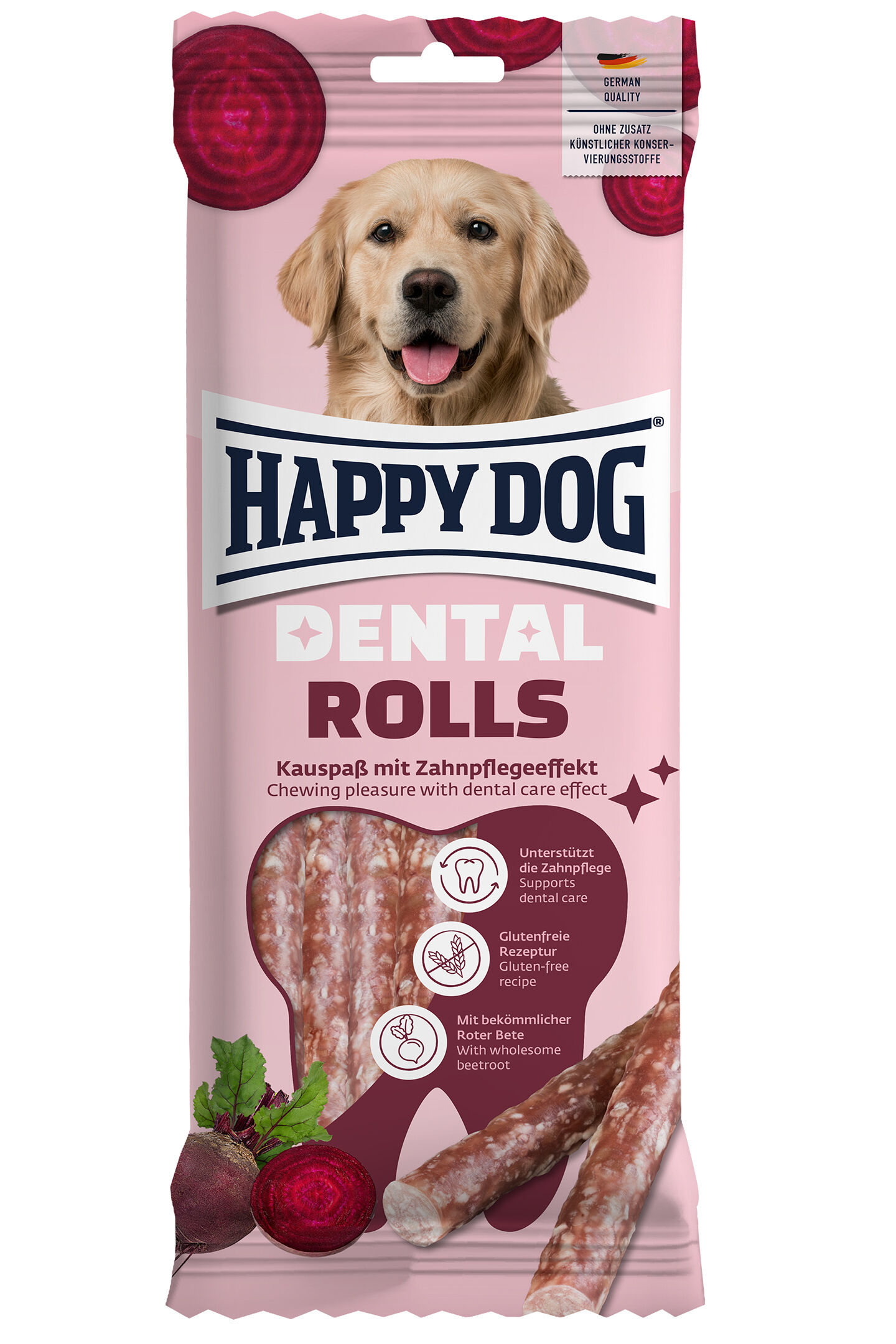 Verpackungsvorderseite der Dental Rolls Kaustangen von Happy Dog mit Zahnpflegeeffekt für Hunde