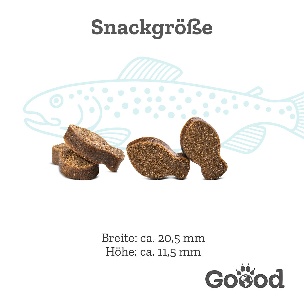 Fischförmige Leckerlis liegen auf weißem Hintergrund. Der Text lautet: "Snackgröße Breite: ca. 20,5 mm Höhe: ca. 11,5 mm" und zeigt ein Fischsymbol mit dem Wort "Goood".