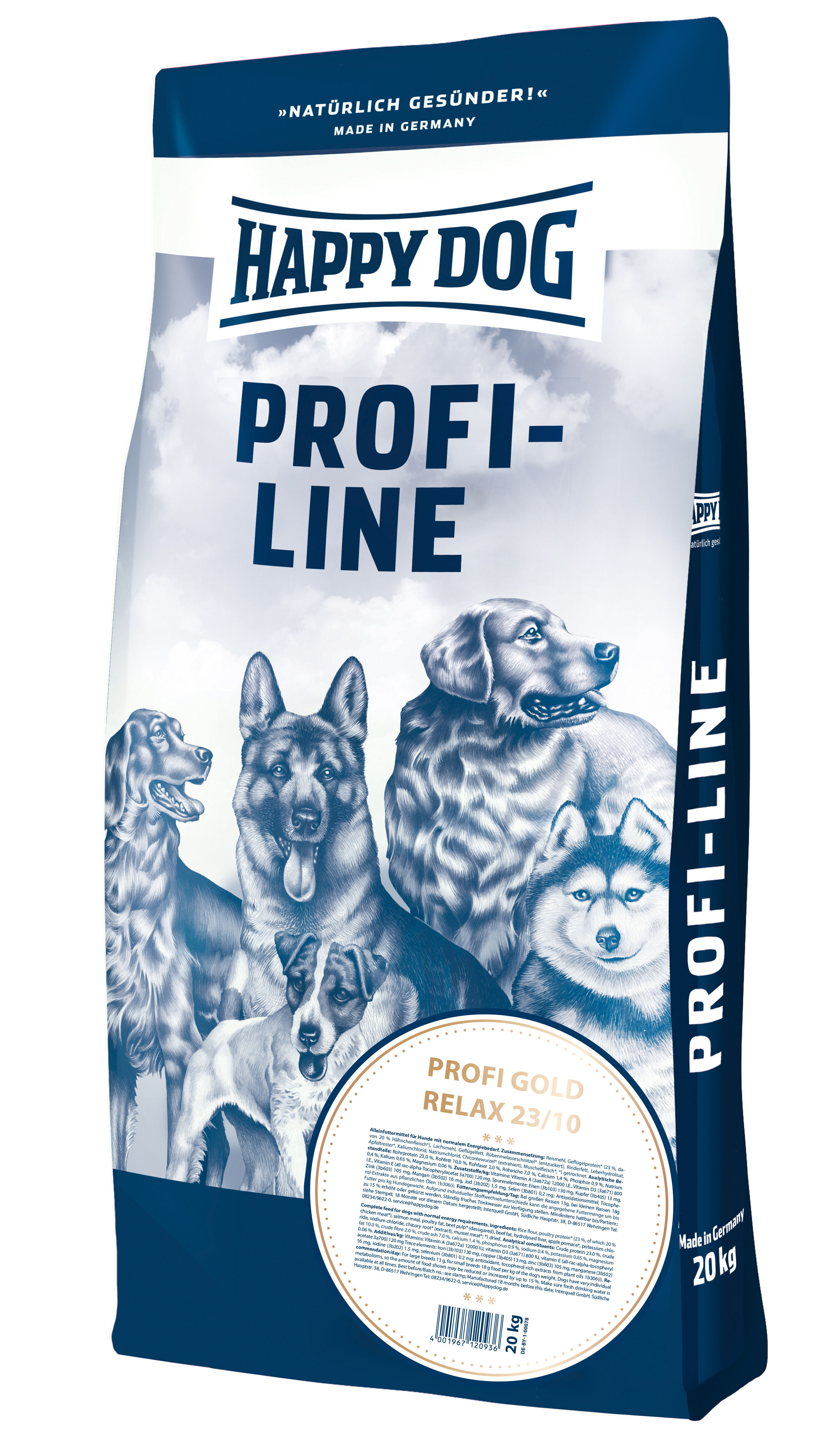 Profi-Line 23/10 Gold Relax Hundefutterverpackung zeigt viele Hundegesichter. Text: "NATÜRLICH GESÜNDER! MADE IN GERMANY. HAPPY DOG PROFI-LINE. PROFI GOLD RELAX 23/10. Made in Germany. 20 kg."