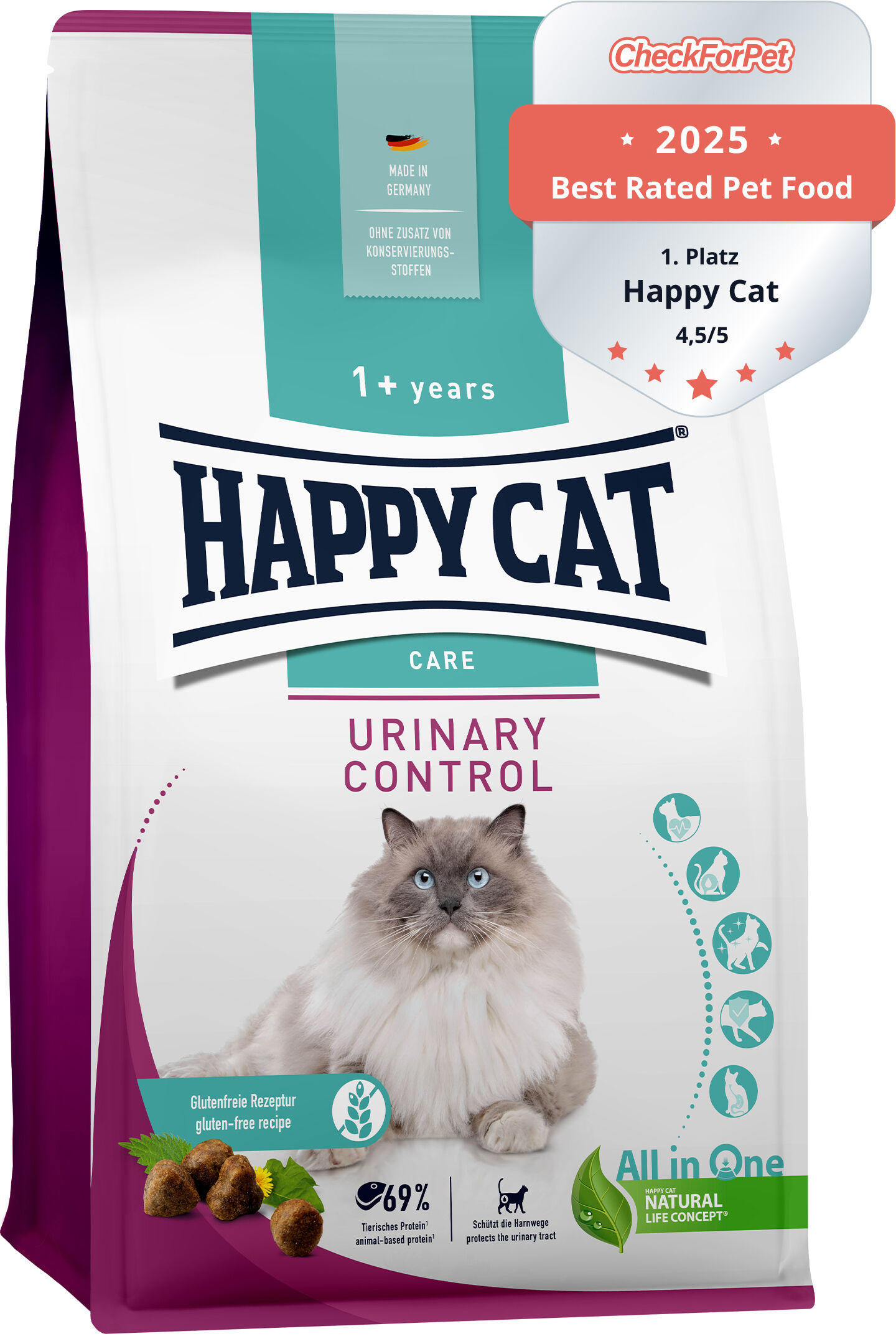 Die Verpackung von Happy Cat Urinary Control ziert eine langhaarige Katze. Textdetails: "Made in Germany", "Ohne Zusatz von Konservierungsstoffen", "69% tierisches Protein", "Schützt die Harnwege", "1+ years", "Glutenfreie Rezeptur".