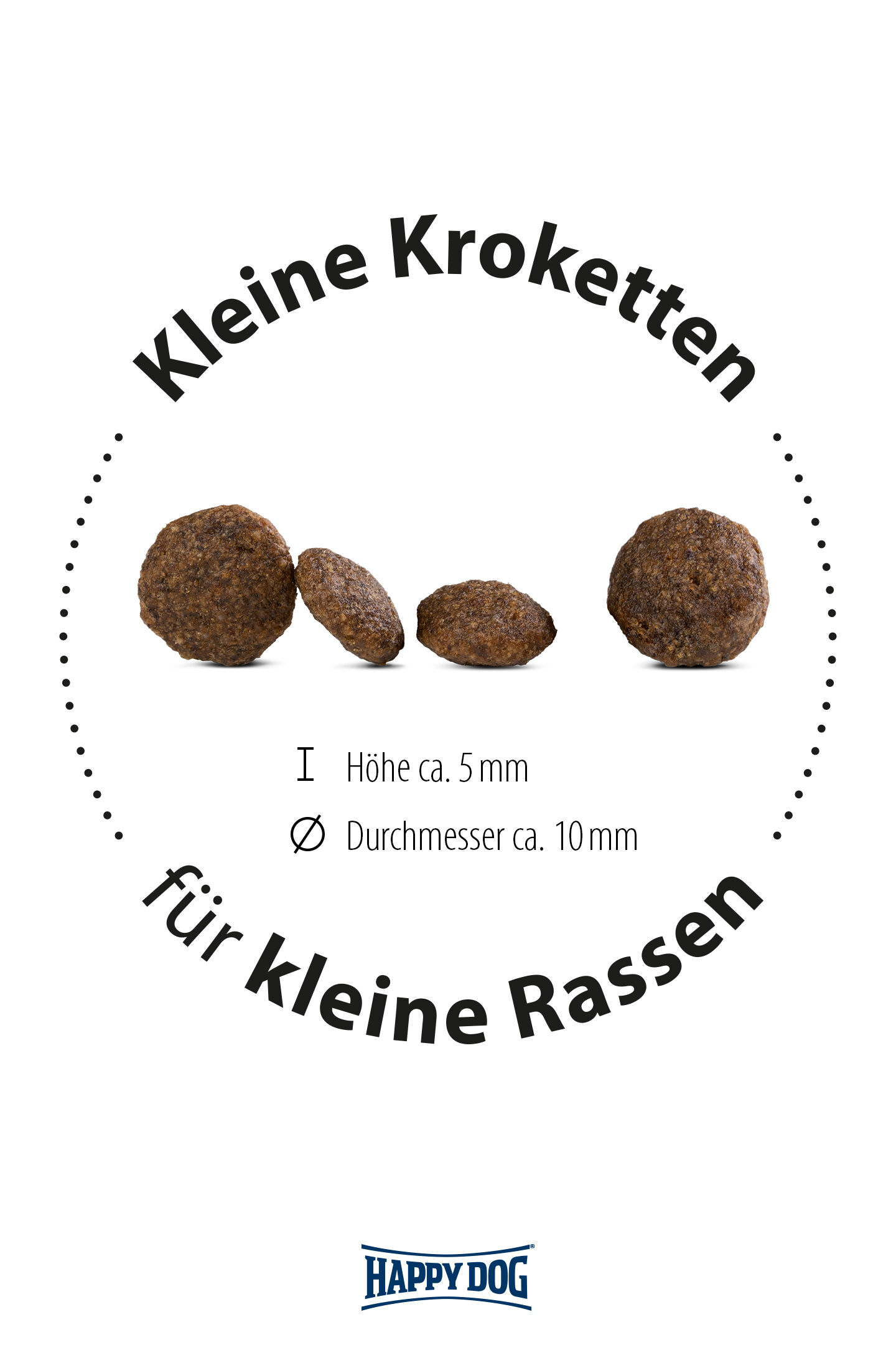 Kleine, runde Kroketten von Happy Dog. Die Packung beschreibt: „Kleine Kroketten für kleine Rassen“. Maße: Höhe ca. 5 mm, Durchmesser ca. 10 mm.