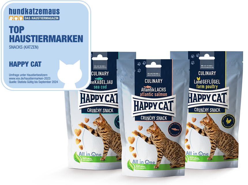 Drei verschiedene Sorten Happy Cat Crunchy Snacks mit Top Haustiermarken-Siegel