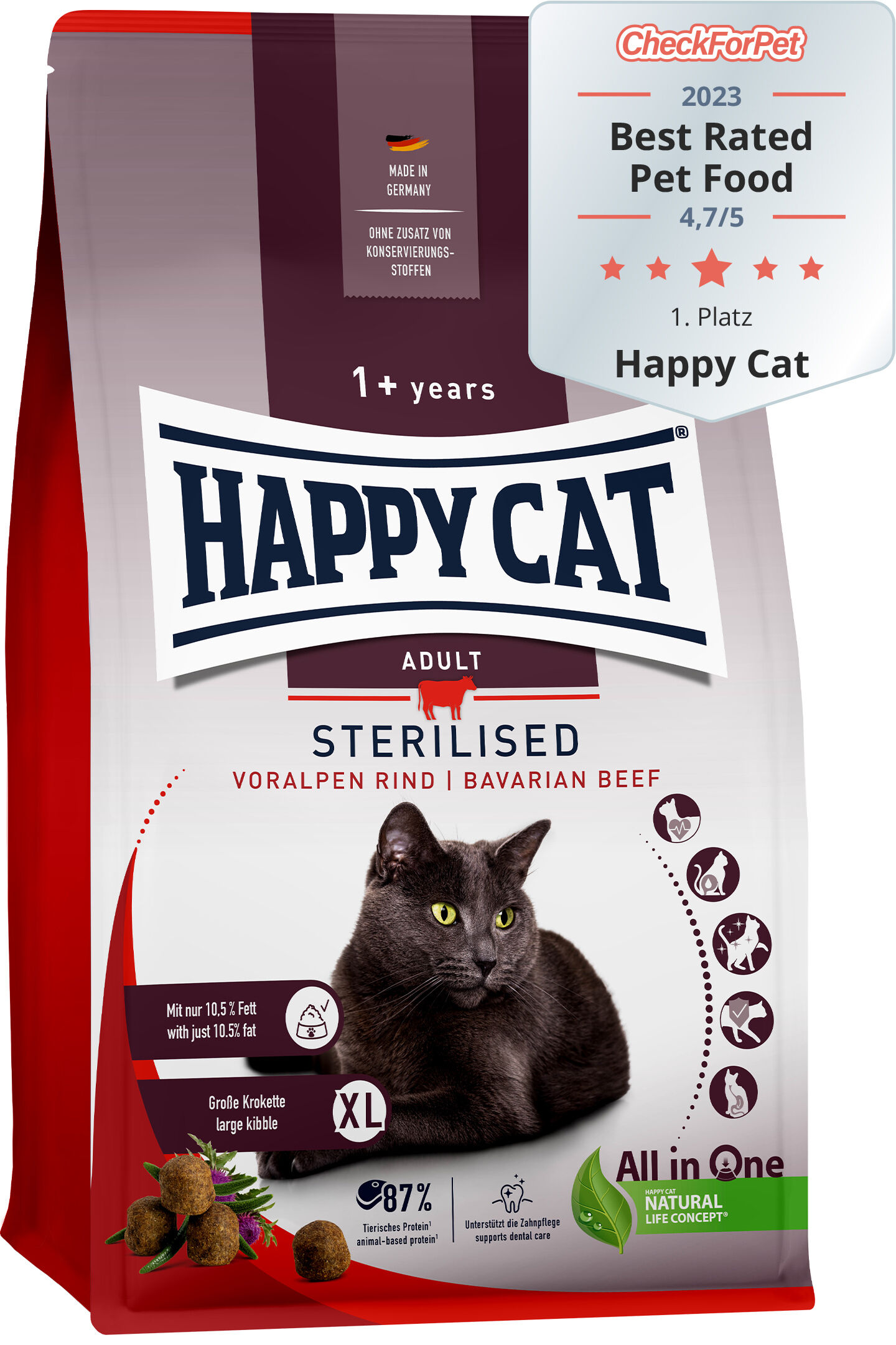 Sterilised Adult Voralpen-Rind Eine Verpackung für Katzenfutter zeigt eine schwarze Katze, Markenname "Happy Cat", Text "Best Rated Pet Food", und ist für sterilisierte erwachsene Katzen.