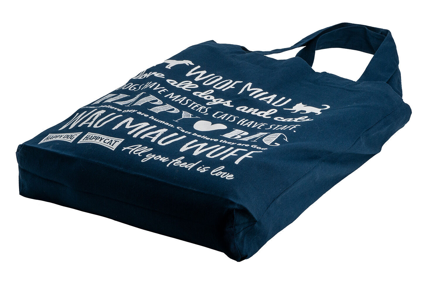 Dunkelblaue Tragetasche mit weißen Aufdrucken von Hund und Katze, begleitet von Texten: "WOOF MIAU", "Dogs have masters, cats have staff", "All you feed is love".