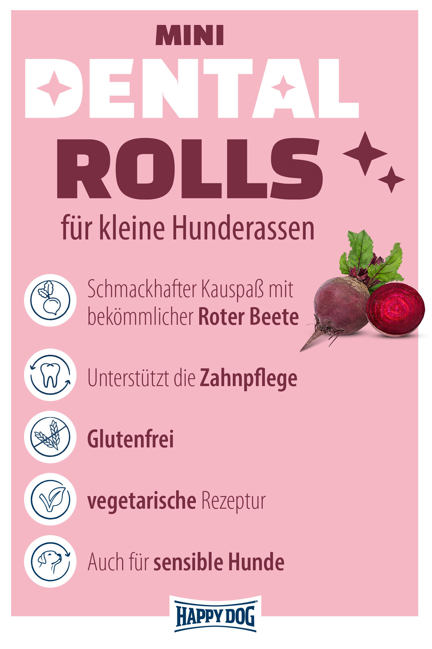 Produktvorteile der Dental Rolls Kaustangen von Happy Dog mit Zahnpflegeeffekt für Hunde
