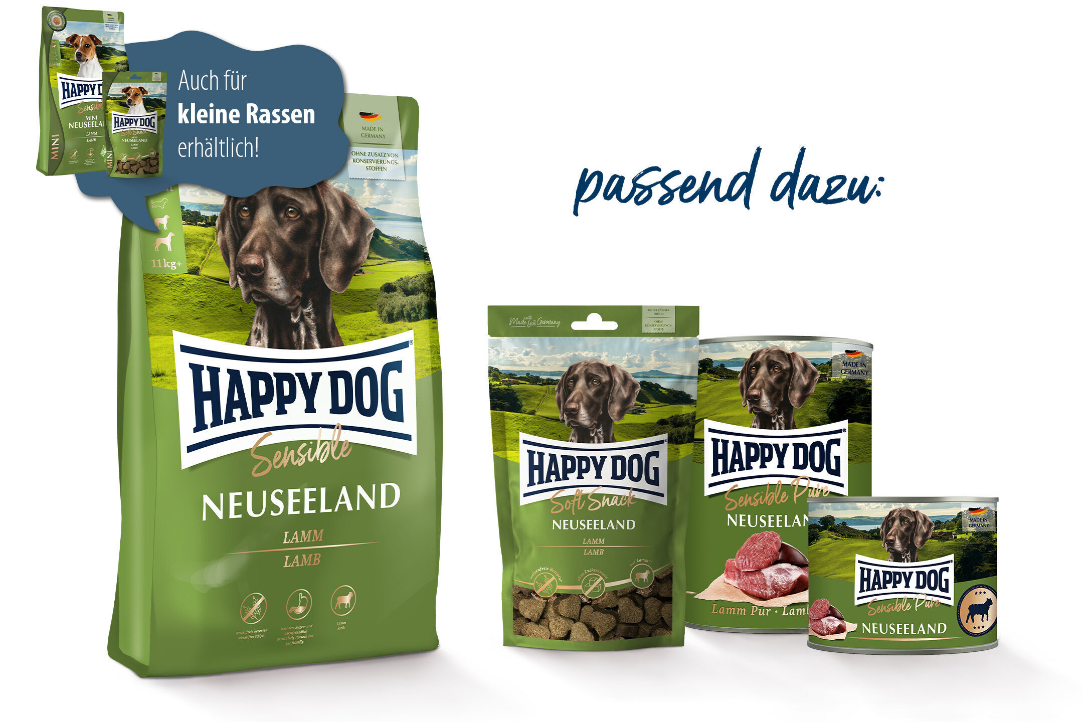 Verpackungen von „Happy Dog Sensible Neuseeland“-Hundefutter in verschiedenen Formaten, Schwerpunkt Lammgeschmack. Zusatztext: „Auch für kleine Rassen erhältlich!“ Hintergrund zeigt grüne Landschaft.