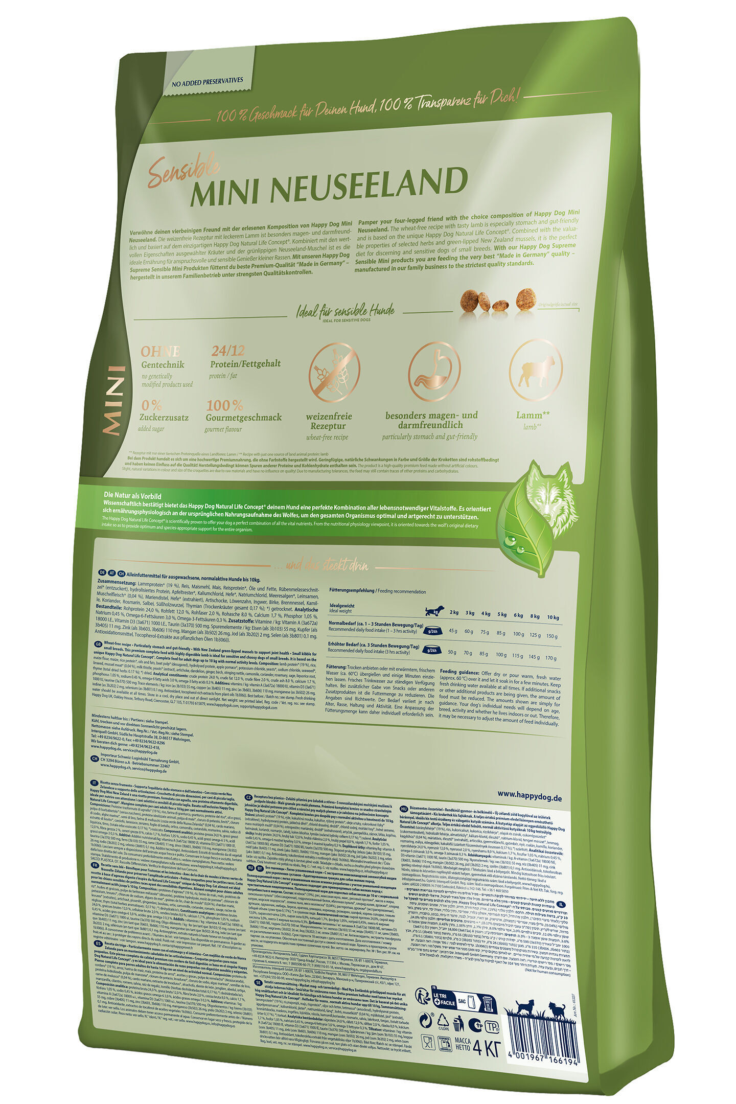Grüne Verpackung mit Informationen und Text über Hundefutter von Happydog. Enthält Begriffe wie "Mini Neuseeland", "Lamm", "weizenfreie Rezeptur" und "magen- und darmfreundlich".