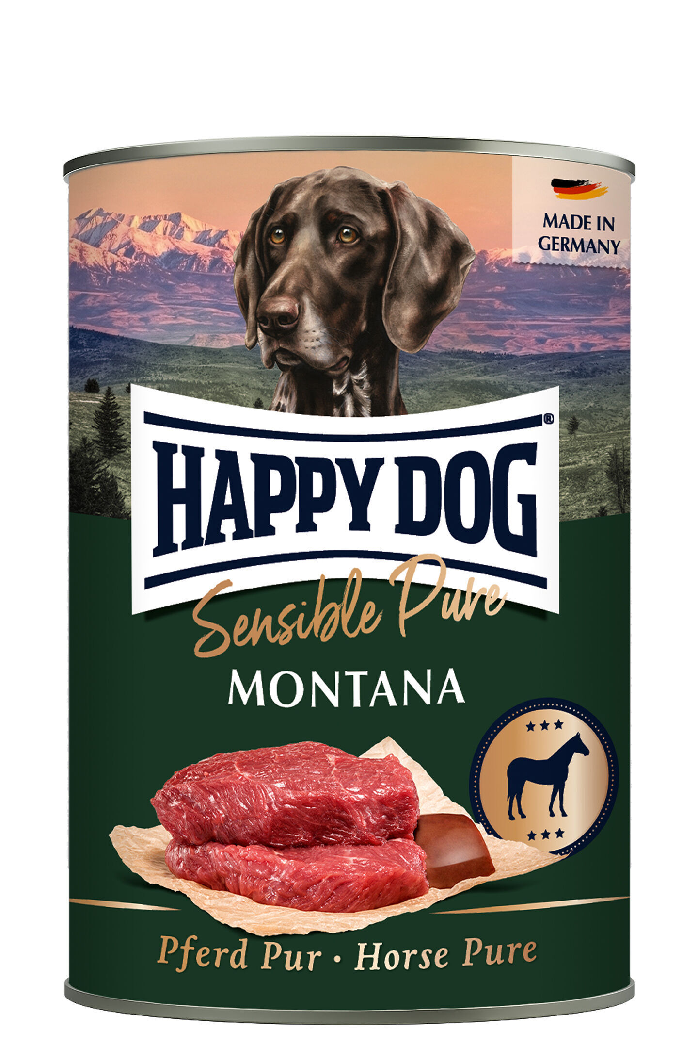 Dose mit Aufschrift "HAPPY DOG Sensible Pure MONTANA", zeigt Hund und Pferdefleisch, gefertigt in Deutschland. Berglandschaft im Hintergrund.