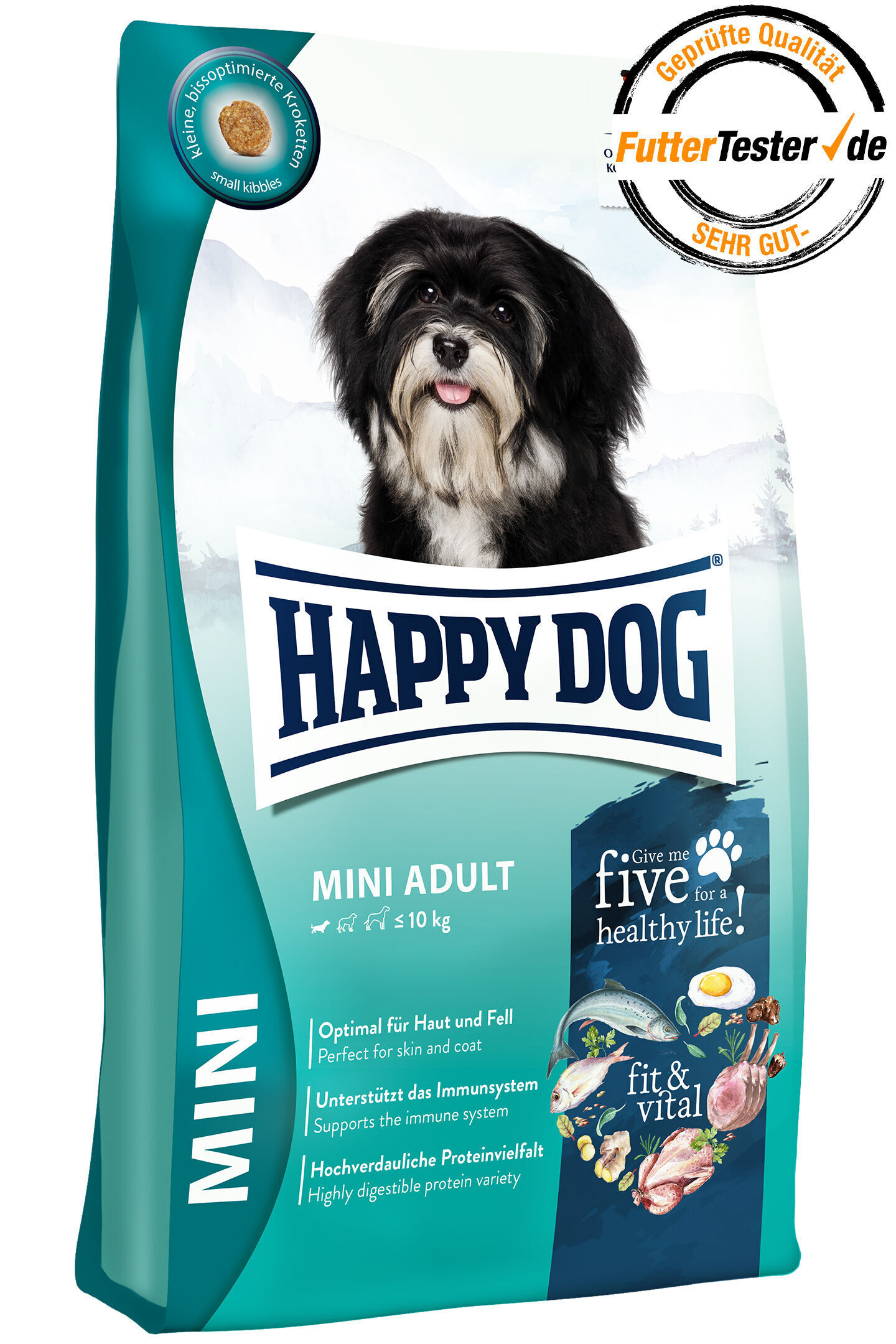 Verpackung für Hunde-Trockenfutter „Happy Dog Mini Adult“, zeigt abgebildeten Hund, enthält Informationen wie „kleine, bissoptimierte Kroketten“, und hat den „FutterTester.de Sehr Gut“-Stempel.