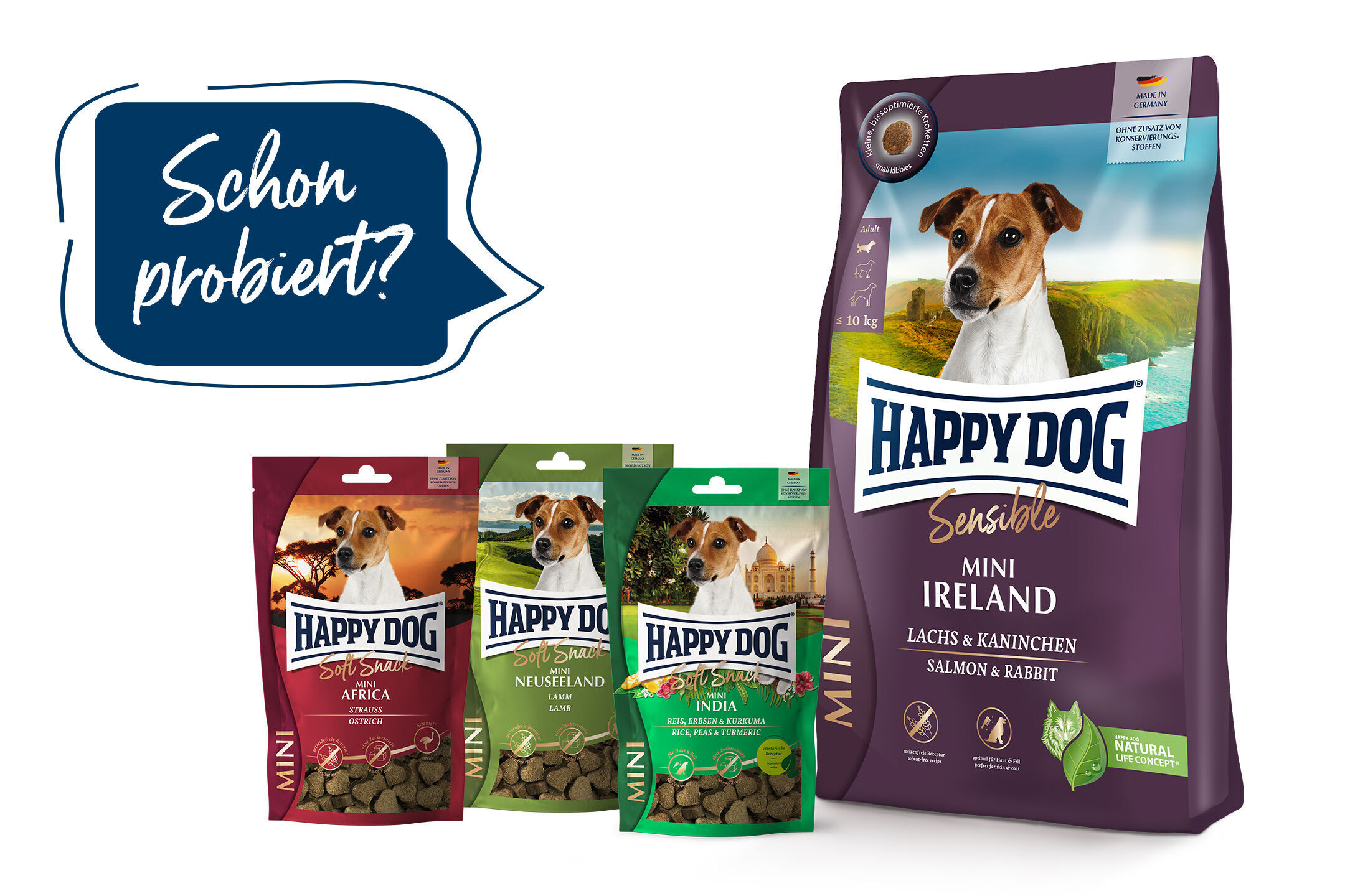 Hunde-Trockenfutter: Verpackungen von Happydog-Produkten in verschiedenen Geschmacksrichtungen, begleitet von einer Sprechblase mit „Schon probiert?“.