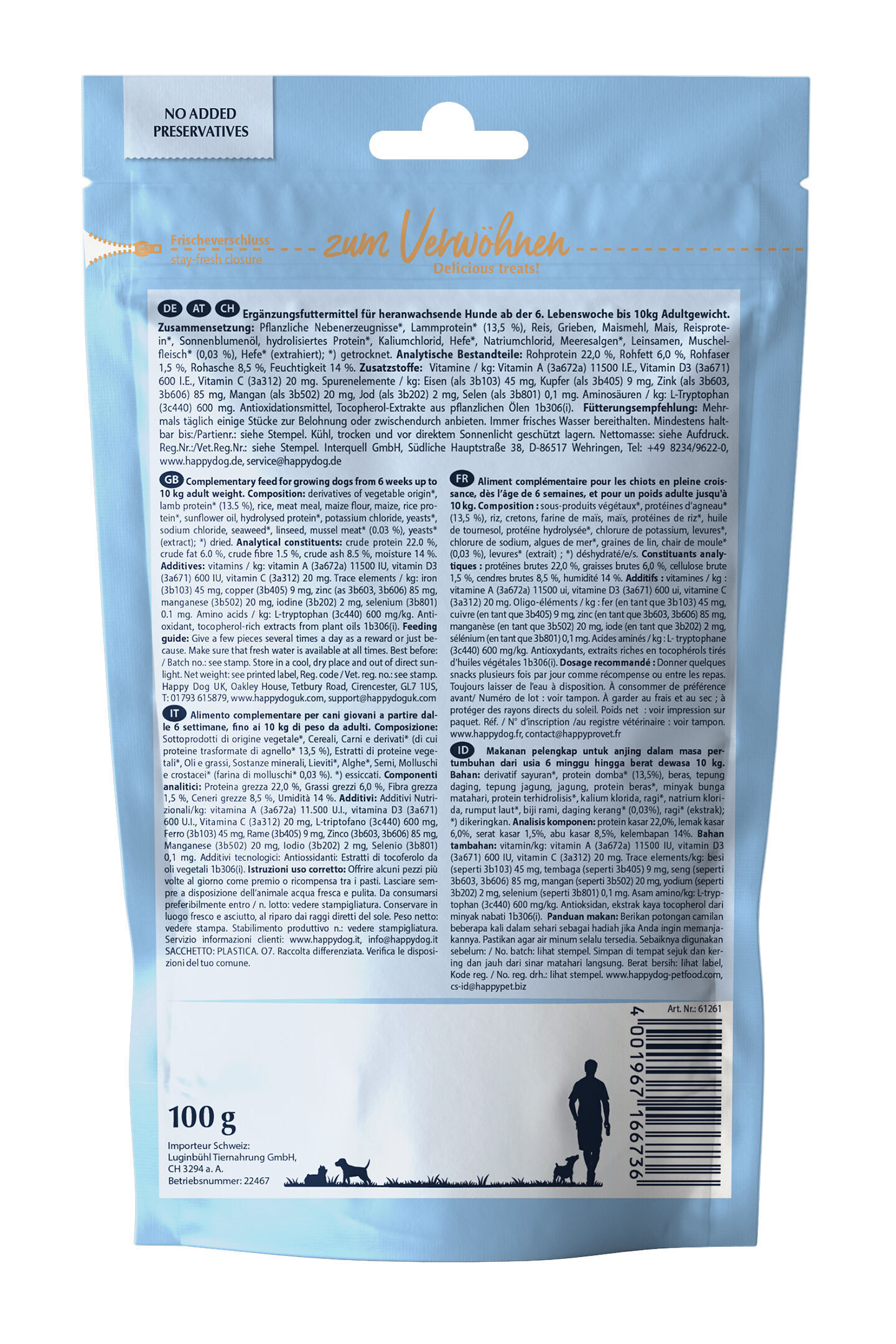 Hundeleckerli-Verpackung mit Happydog-Logo, blauer Hintergrund, Text mit Zutaten und Fütterungshinweisen in mehreren Sprachen, Gewicht 100 g, stilisierte Mensch-Hund-Silhouette unten.