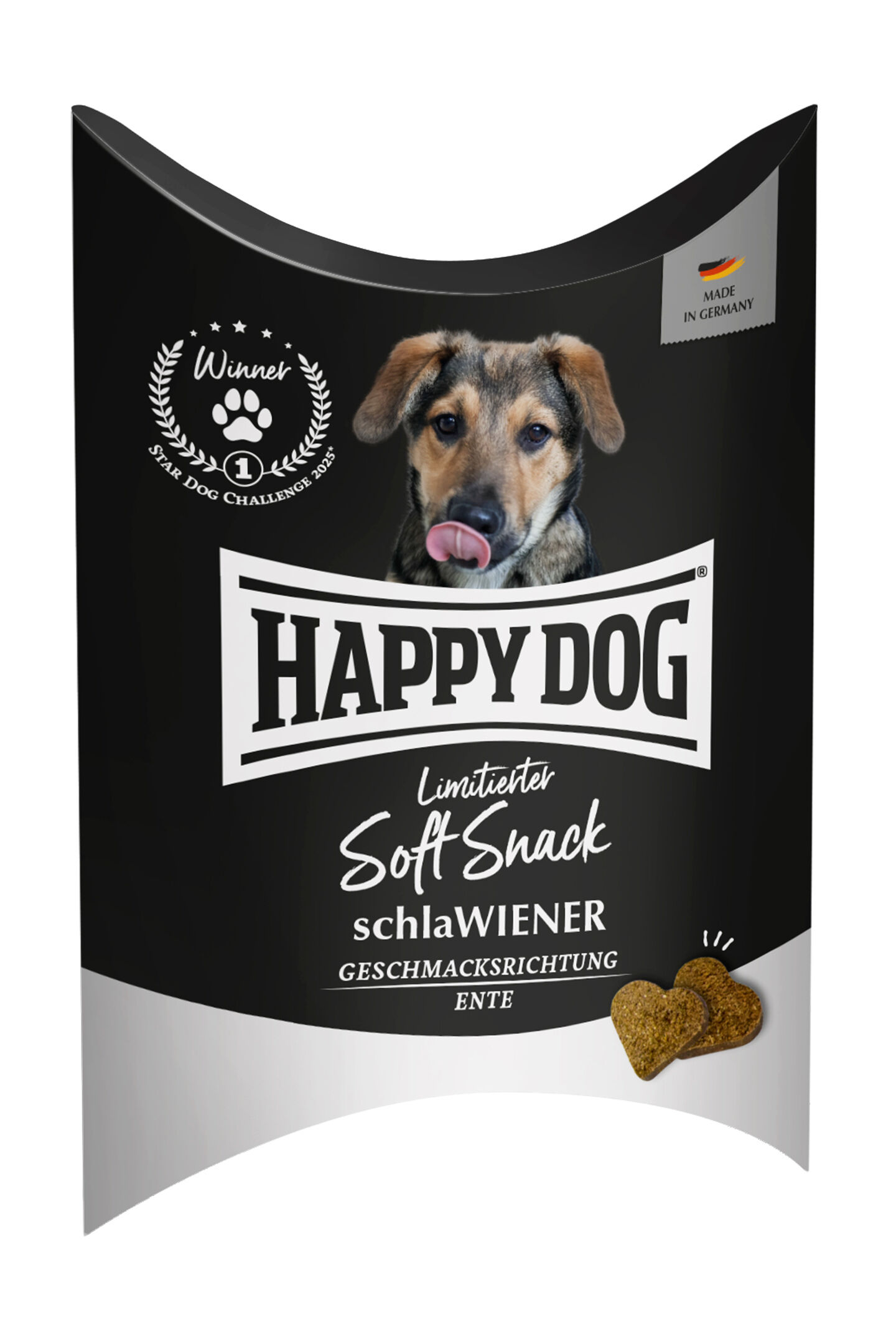Vorderseite der Verpackung des SchlaWIENER Soft Snack von Happy Dog