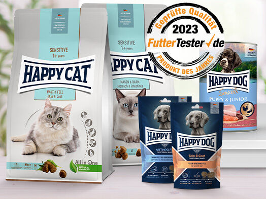 Produkte von Happy Dog und Happy Cat welche von FutterTester ausgezeichnet wurden.