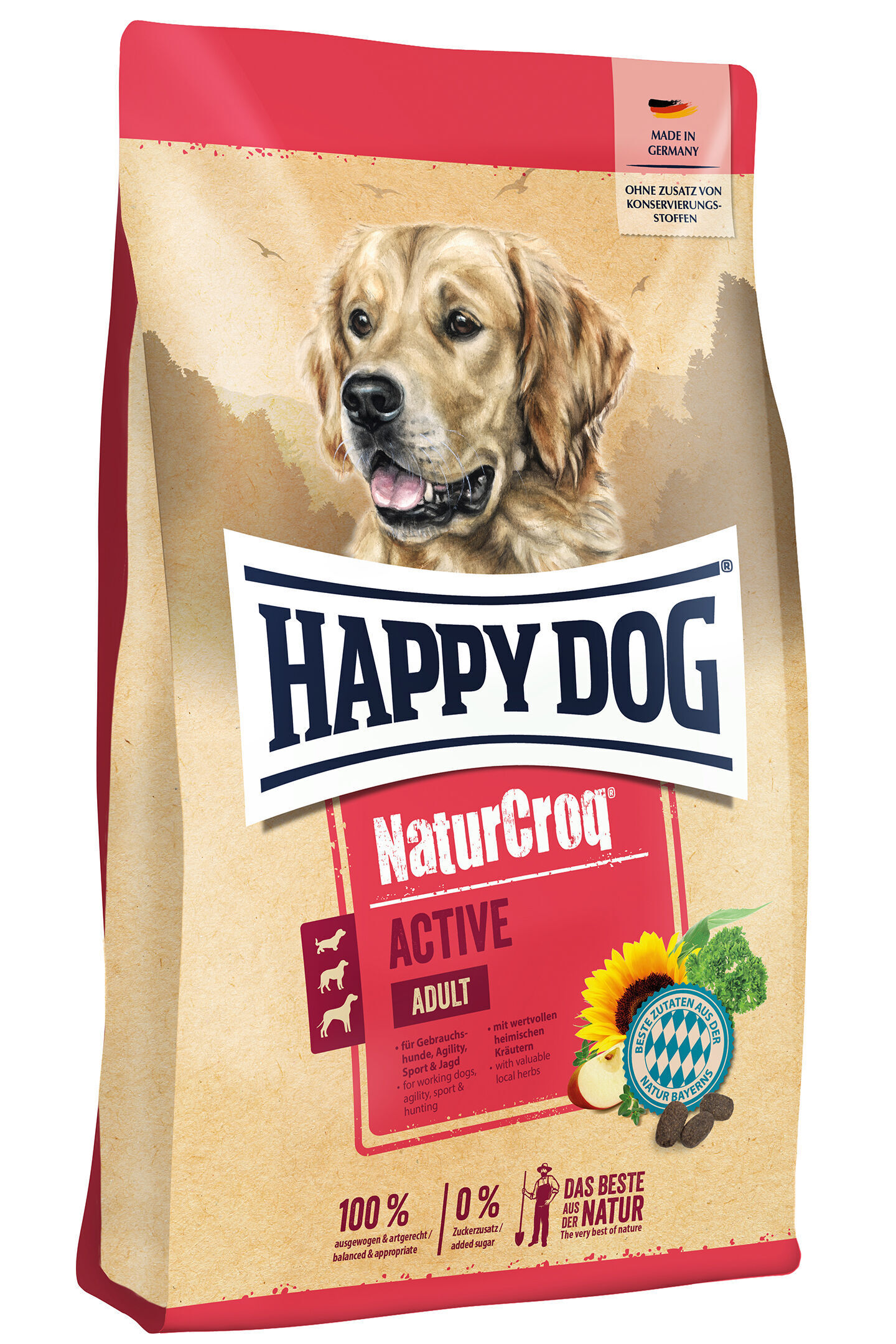 Hundefutterpaket "Happy Dog NaturCroq Active Adult" mit Hundeporträt. Enthält Zutaten wie Sonnenblumen und Kräuter, ohne Konservierungsstoffe. Verpackung im deutschen Design.