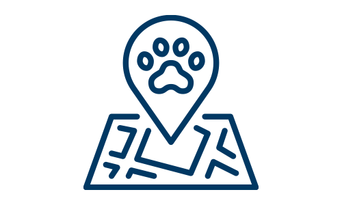 Icon einer Landkarte mit einer Standortmarkierung, auf welcher eine Hundepfote abgebildet ist.