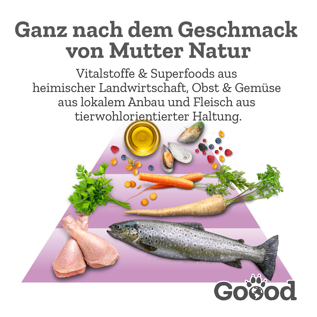 Eine Vielzahl von Lebensmitteln, darunter Lachs, Hähnchenkeulen, Gemüse und Obst, umgeben von Text. Text: "Ganz nach dem Geschmack von Mutter Natur... nachhaltiger Aquakultur." Logo: "Goood".