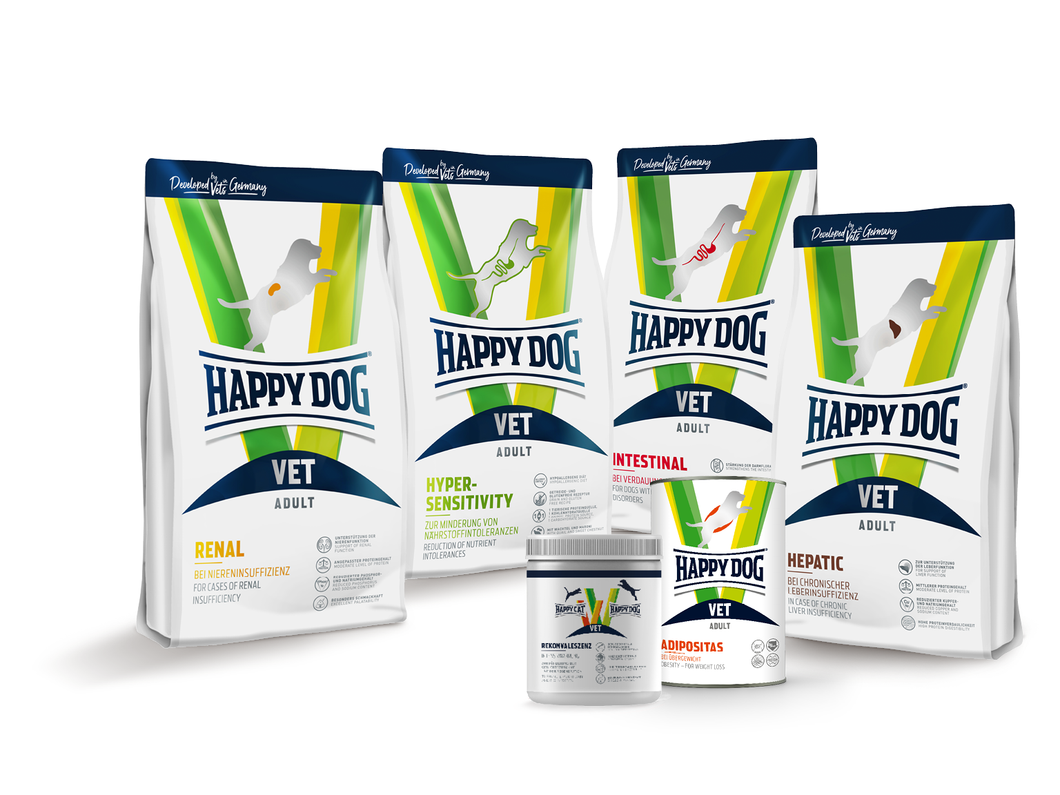 Verpacktes Hundetrockenfutter von Happydog, verschiedene Sorten für erwachsene Hunde, aufrecht nebeneinander angeordnet; Markenname und spezifische Funktionalitäten prominent sichtbar.