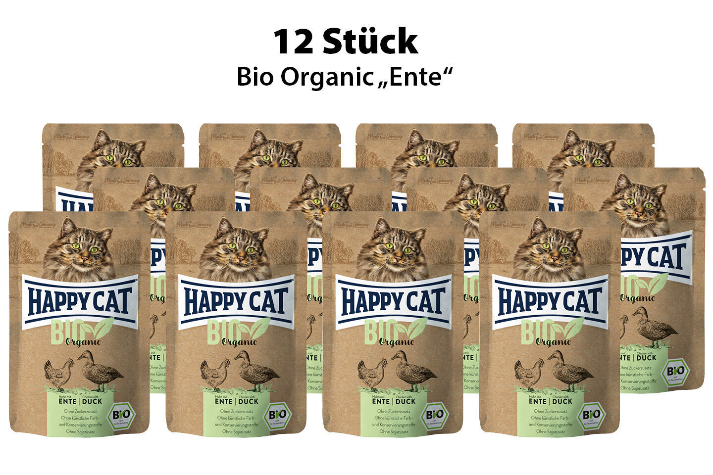 Zwölf Packungen Happy Cat Bio Organic „Ente“ Katzenfutter. Aufdruck zeigt Katze, Entenillustration, Bio-Logo. Text: „Ohne Zuckerzusatz, ohne künstliche Farb- und Konservierungsstoffe, ohne Soja“.