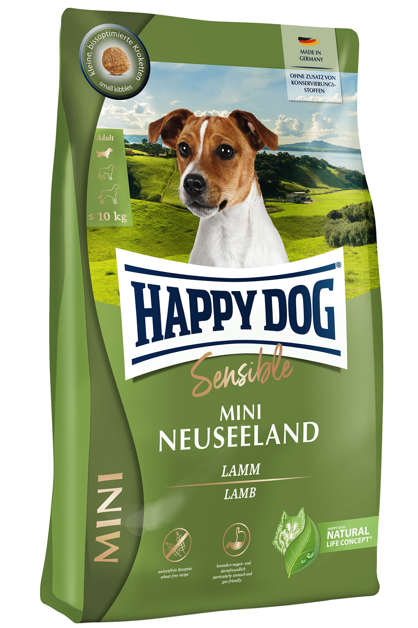 Verpackung mit Hundebild von Happydog Sensible Mini Neuseeland Lammfutter. Text: "Made in Germany", "Ohne Zusatz von Konservierungsstoffen", "Kleine biooptimierte Kroketten", "Natural Life Concept".