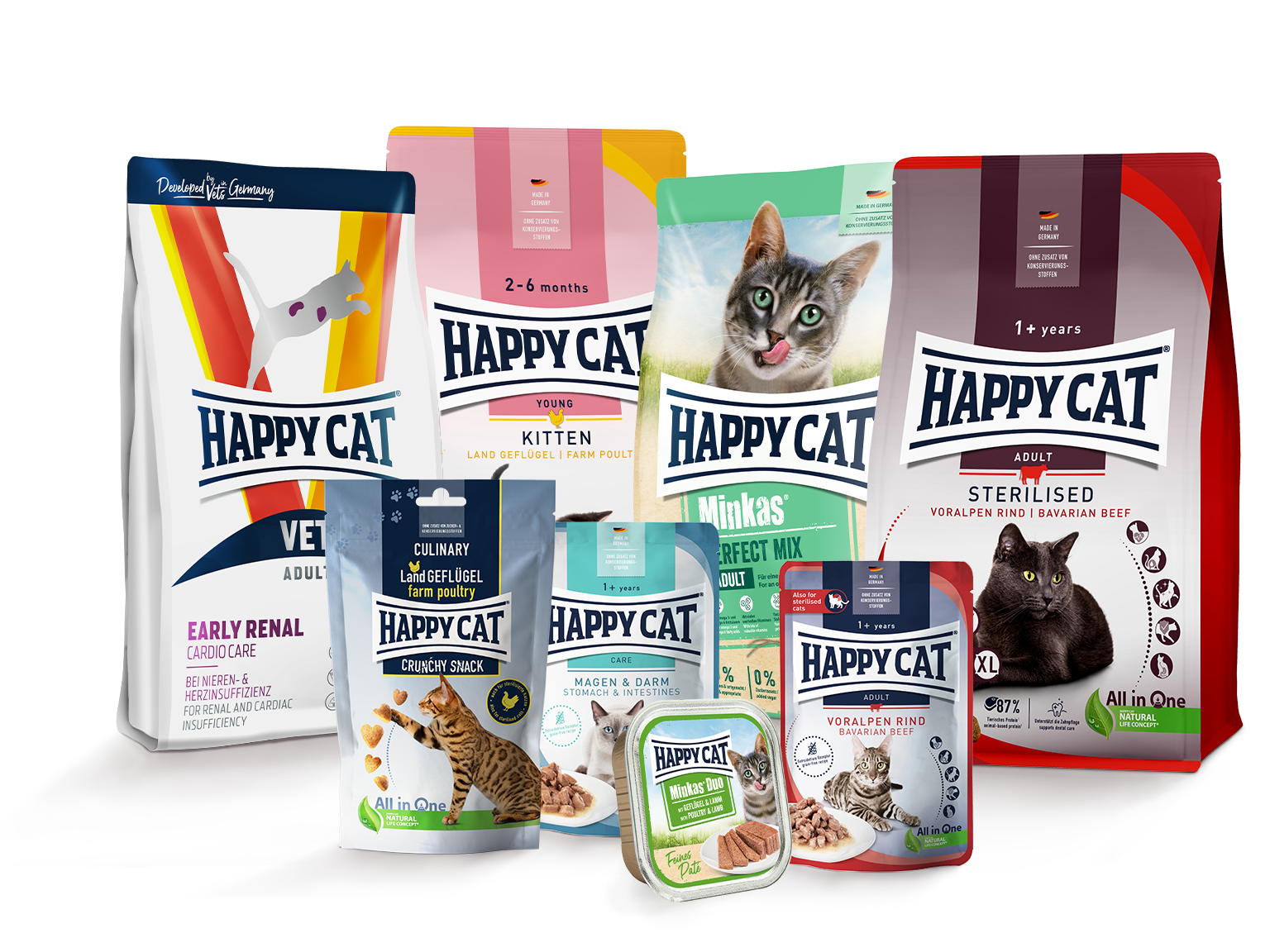 Diverse Katzenfutterprodukte der Marke Happy Cat stehen nebeneinander. Die Verpackungen zeigen verschiedene Geschmacksrichtungen und Verwendungszwecke, einschließlich für Kätzchen und spezielle Diäten.