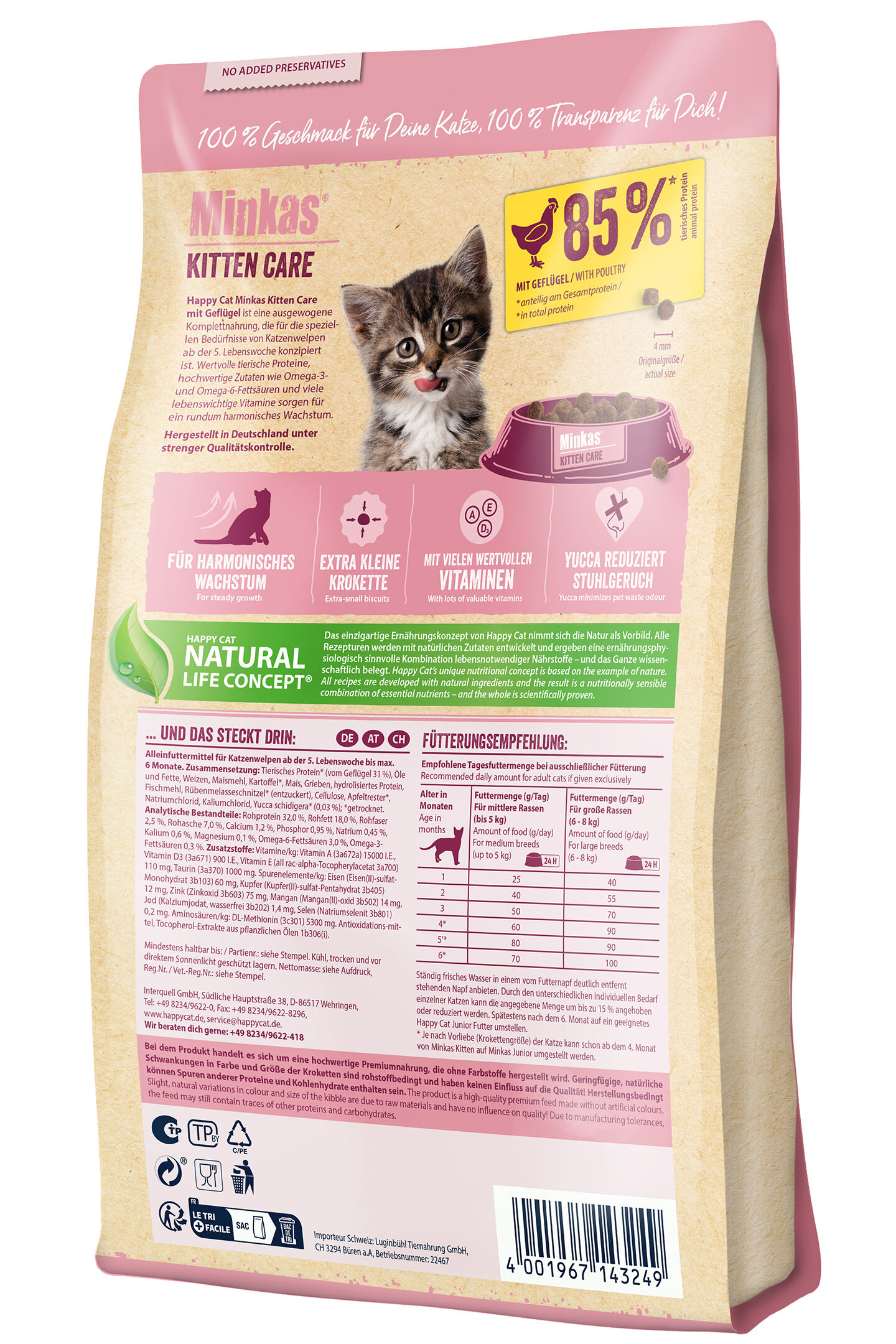 Verpackung von Happy Cat Minkas Kitten Care Katzenfutter. Abgebildet ist ein Kätzchen. Text betont 85% Geflügelanteil, kleine Krokette, Vitamine, harmonisches Wachstum, natürliche Zutaten.