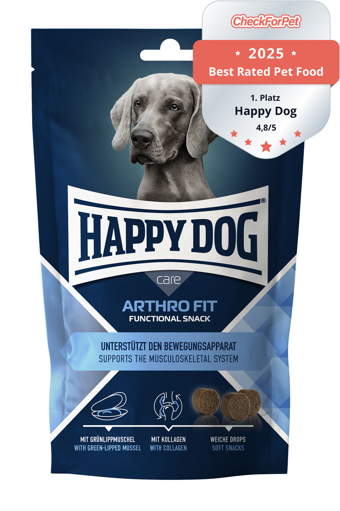 Hundesnackverpackung der Marke Happy Dog in der Sorte Care Arthro Fit.