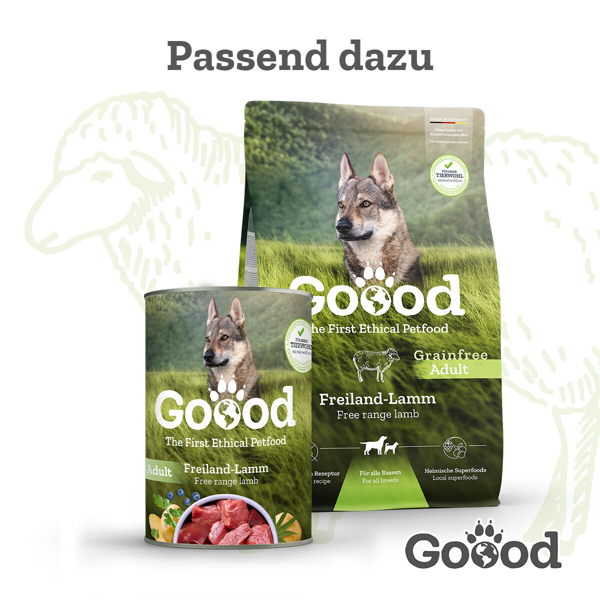 Dose und Beutel Hundefutter von Goood aus Freiland-Lamm, auf grünem Hintergrund mit Text "Passend dazu" und Hundebild auf Verpackung.