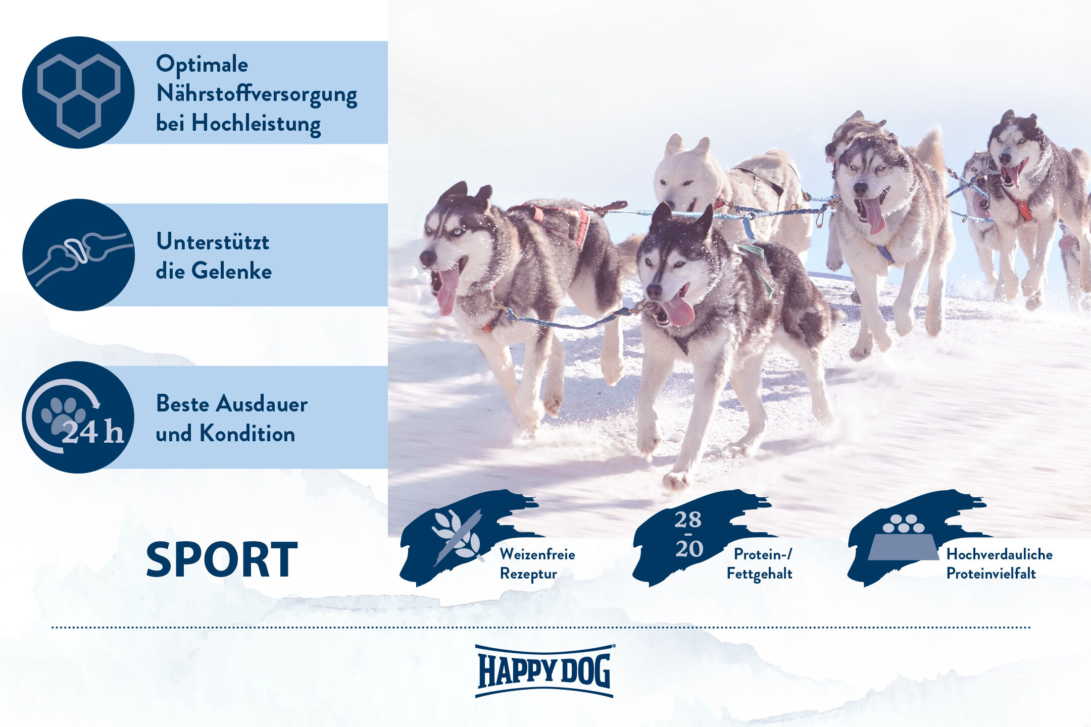 Huskys ziehen einen Schlitten im Schnee. Begleittext betont optimale Nährstoffversorgung, Gelenkunterstützung, Ausdauer, weizenfreie Rezeptur, Protein-Fettgehalt 28/20, Proteinvielfalt. Happydog-Logo unten.