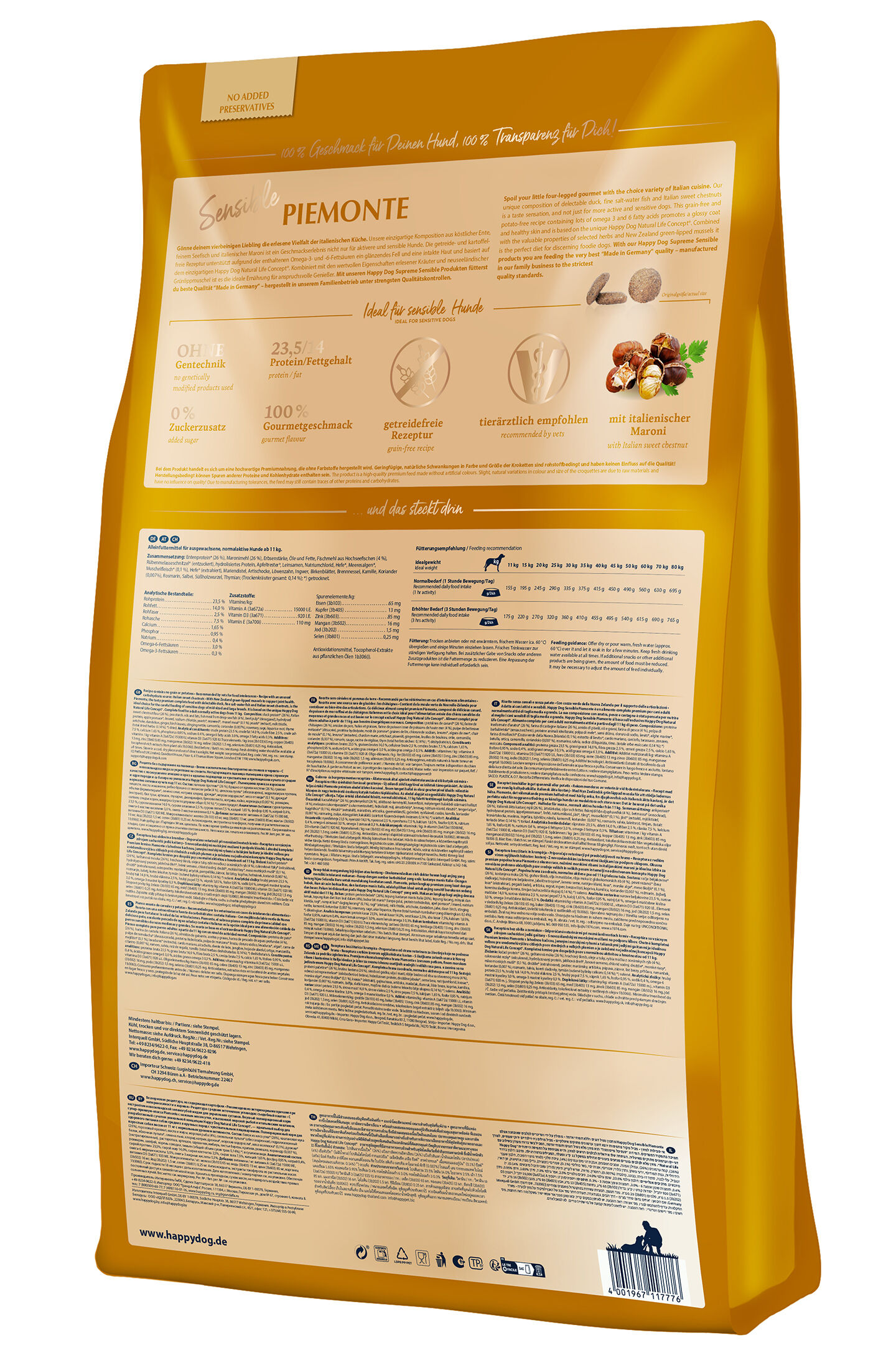 Hundefutterverpackung mit Text über Inhaltsstoffe, Fütterungsempfehlungen und Produktversprechen. Markenname „Happydog“ prominent sichtbar. Goldene Verpackung, detaillierte Produktinformationen auf der Rückseite.