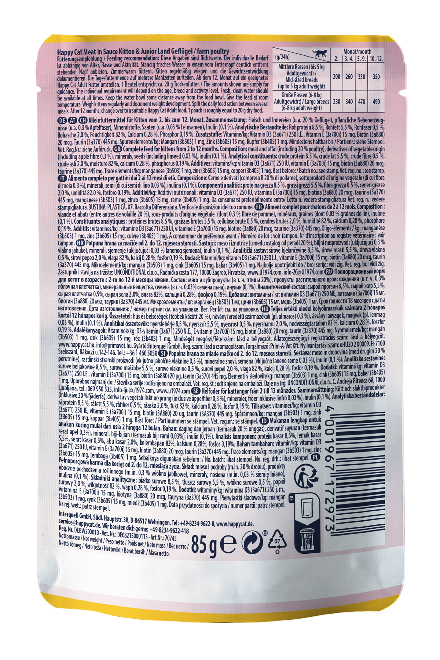 Die Verpackungsrückseite zeigt umfassende Informationen über Happy Cat Katzenfutter in verschiedenen Sprachen, einschließlich Zusammensetzung, Fütterungsempfehlungen und Herstellerkontakt.