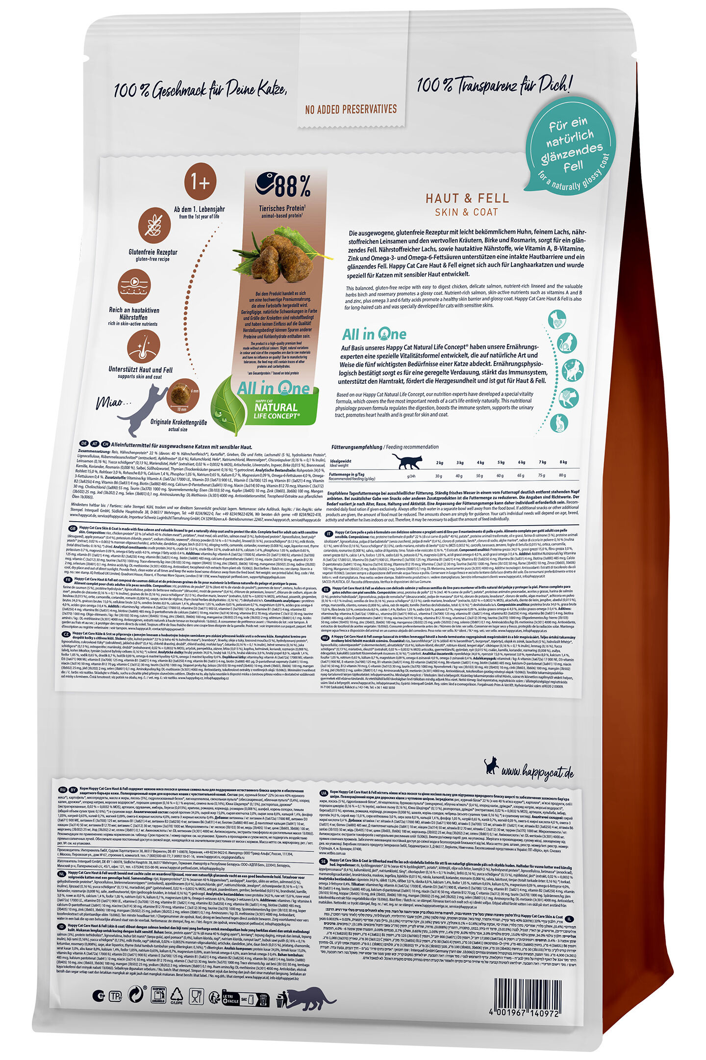 Verpackung von Katzenfutter mit detaillierten Informationen zur Zusammensetzung, Fütterungsempfehlungen und ernährungsphysiologischen Vorteilen, darunter 88% tierisches Protein.