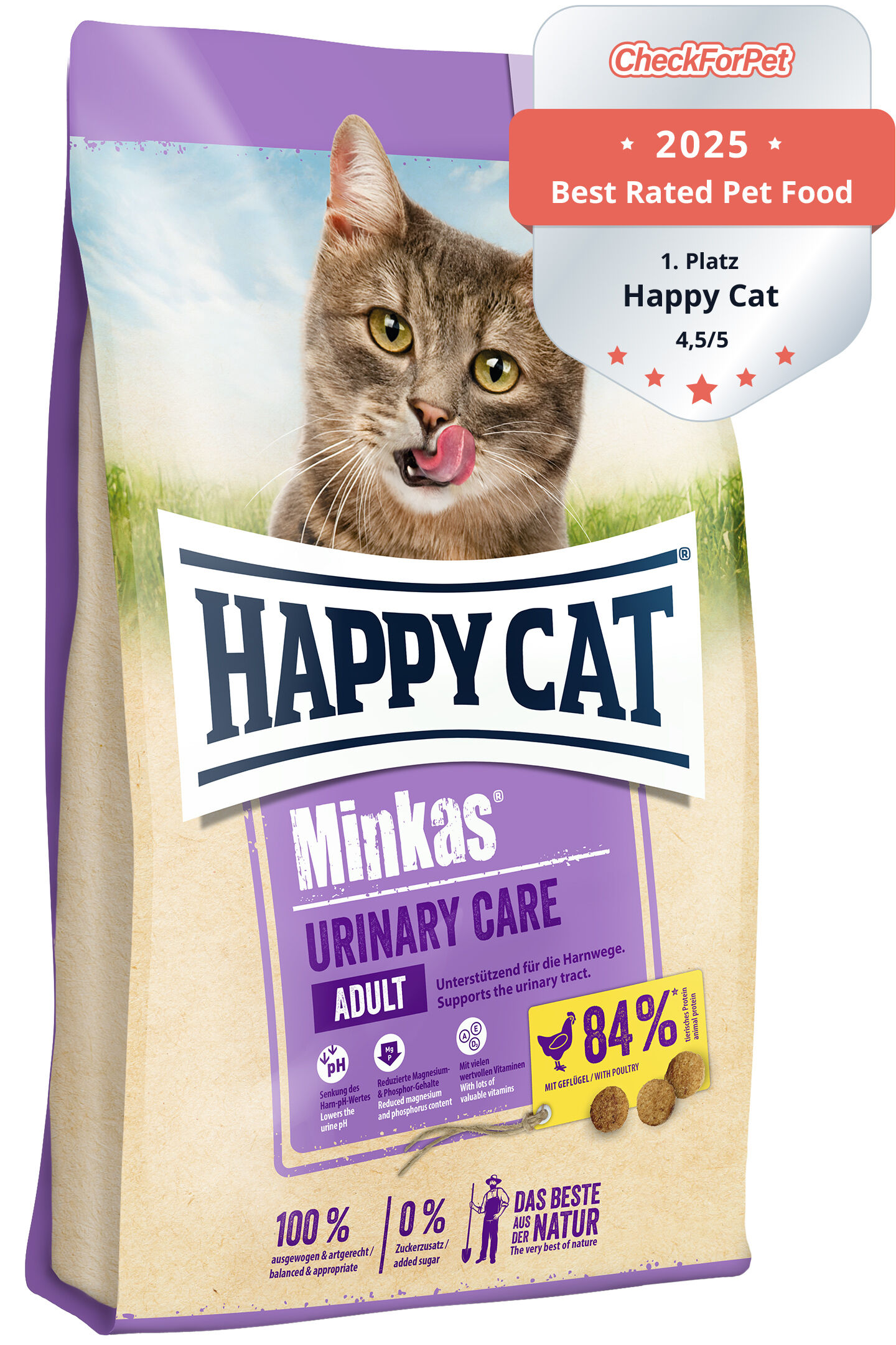 Eine Katzenfutterpackung zeigt eine Katze mit heraushängender Zunge und der Marke "Happy Cat Minkas Urinary Care". Bewertung: "Best Rated Pet Food 2023, 4,7/5, 1. Platz".