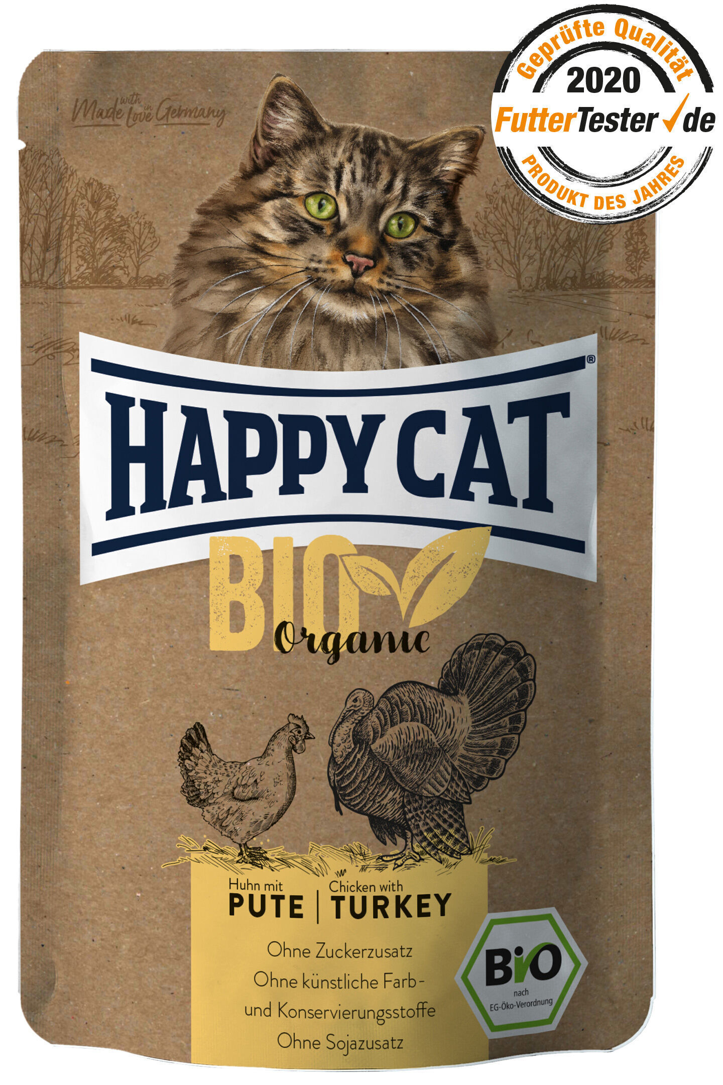 Poulet et Dinde Bio Verpackung von Katzennahrung „Happy Cat“ in braunem Design mit Katzenbild, Bio-Label, Huhn- und Putenabbildung, ohne Zuckerzusatz und künstliche Farb- und Konservierungsstoffe.