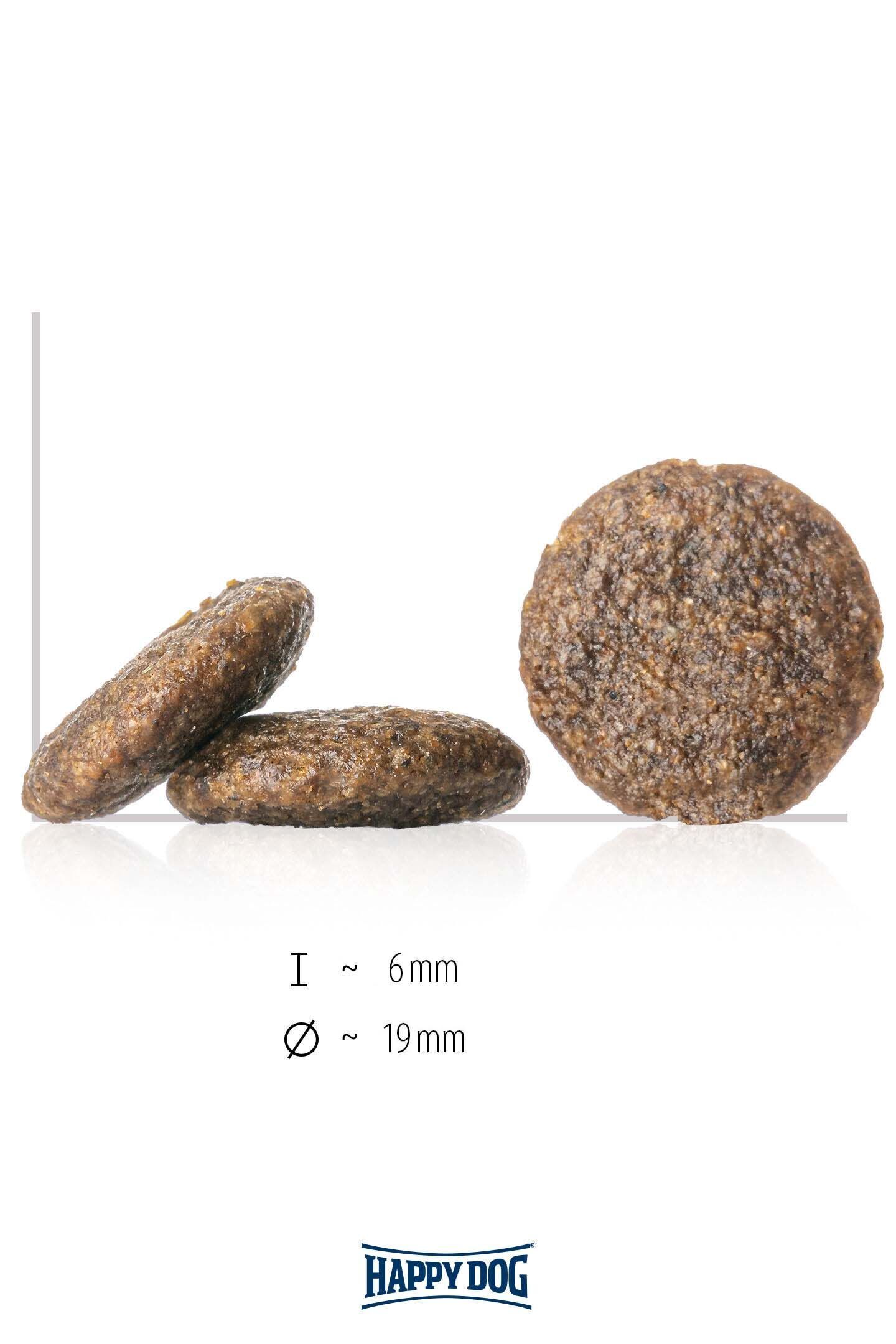 Drei runde Futterscheiben liegen nebeneinander; eine aufrecht. Maße: Höhe 6 mm, Durchmesser 19 mm. Unten steht "Happydog".
