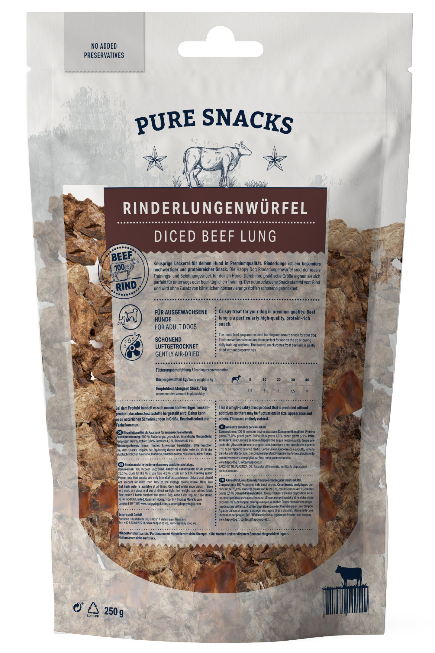 Rückseite der Verpackung des Rinderlungenwürfel Pure Snack von Happy Dog