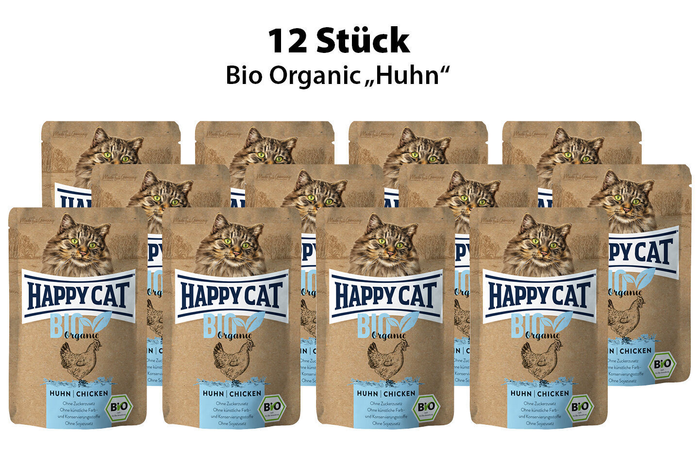 Zwรถlf Packungen Happy Cat Bio Organic โHuhnโ Katzenfutter mit Katzenmotiv; Text: โ12 Stรผck, Bio Organic โHuhnโโ.