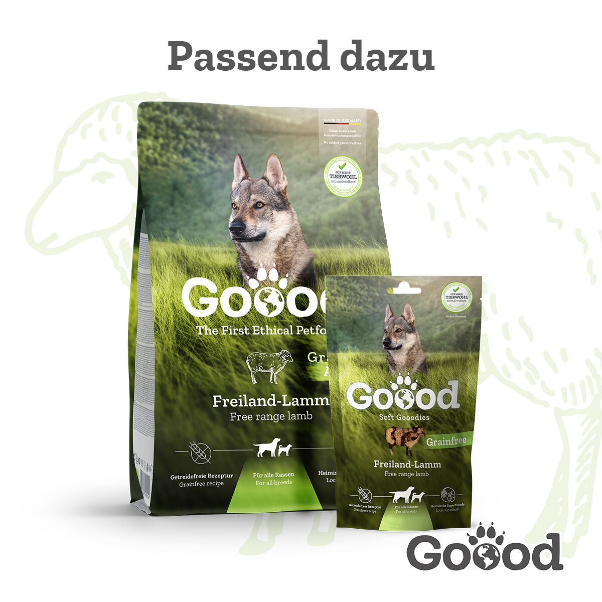 Hundetrockenfutter und Leckerlis der Marke Goood mit Freiland-Lamm, grain-free, für alle Rassen. Verpackungen zeigen Abbildungen von Wölfen und weisen auf ethische Herstellung hin.