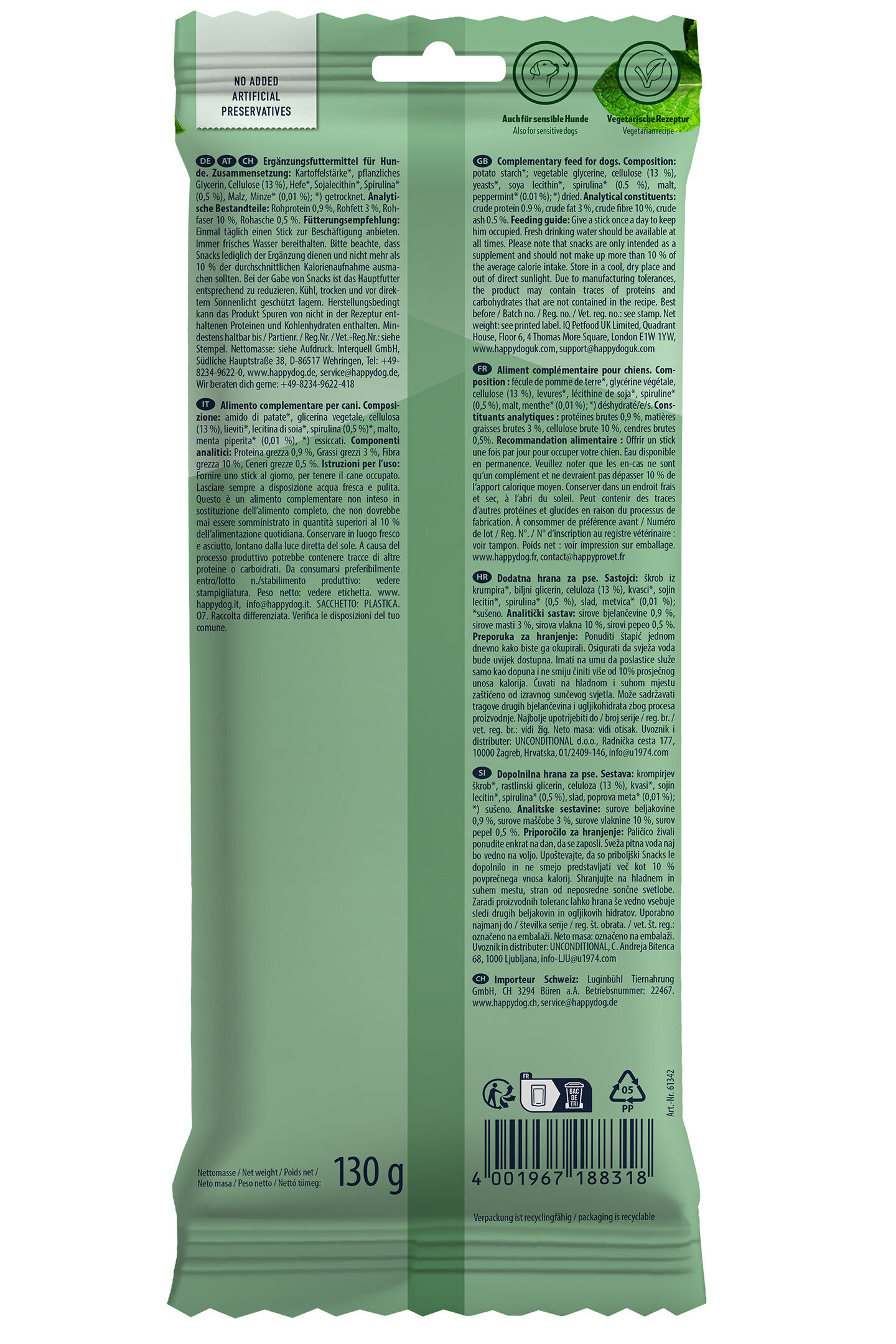 Verpackungsrückseite der Dental Sticks Kaustangen von Happy Dog mit Zahnpflegeeffekt für Hunde