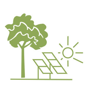Icon eines Solarfelds und einer Sonne neben einem Baum.