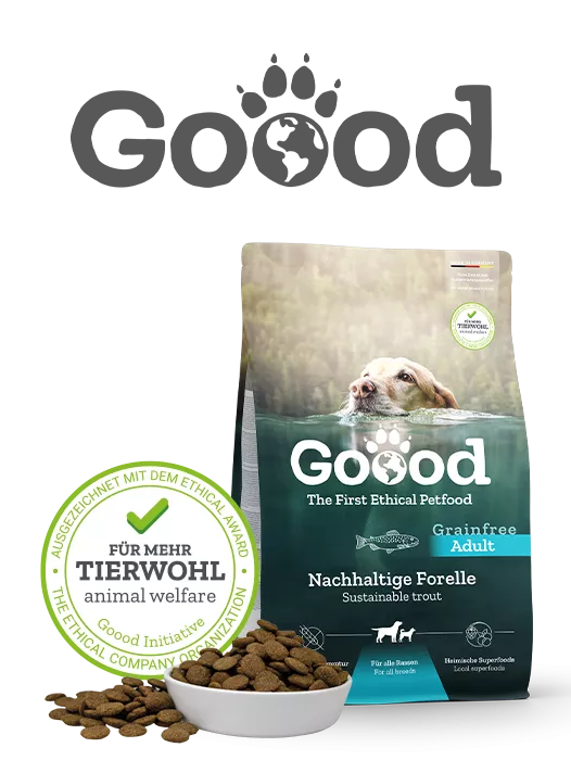 Darstellung eines Futtersacks von Goood, ausgezeichnet mit dem Tierwohl Siegel.