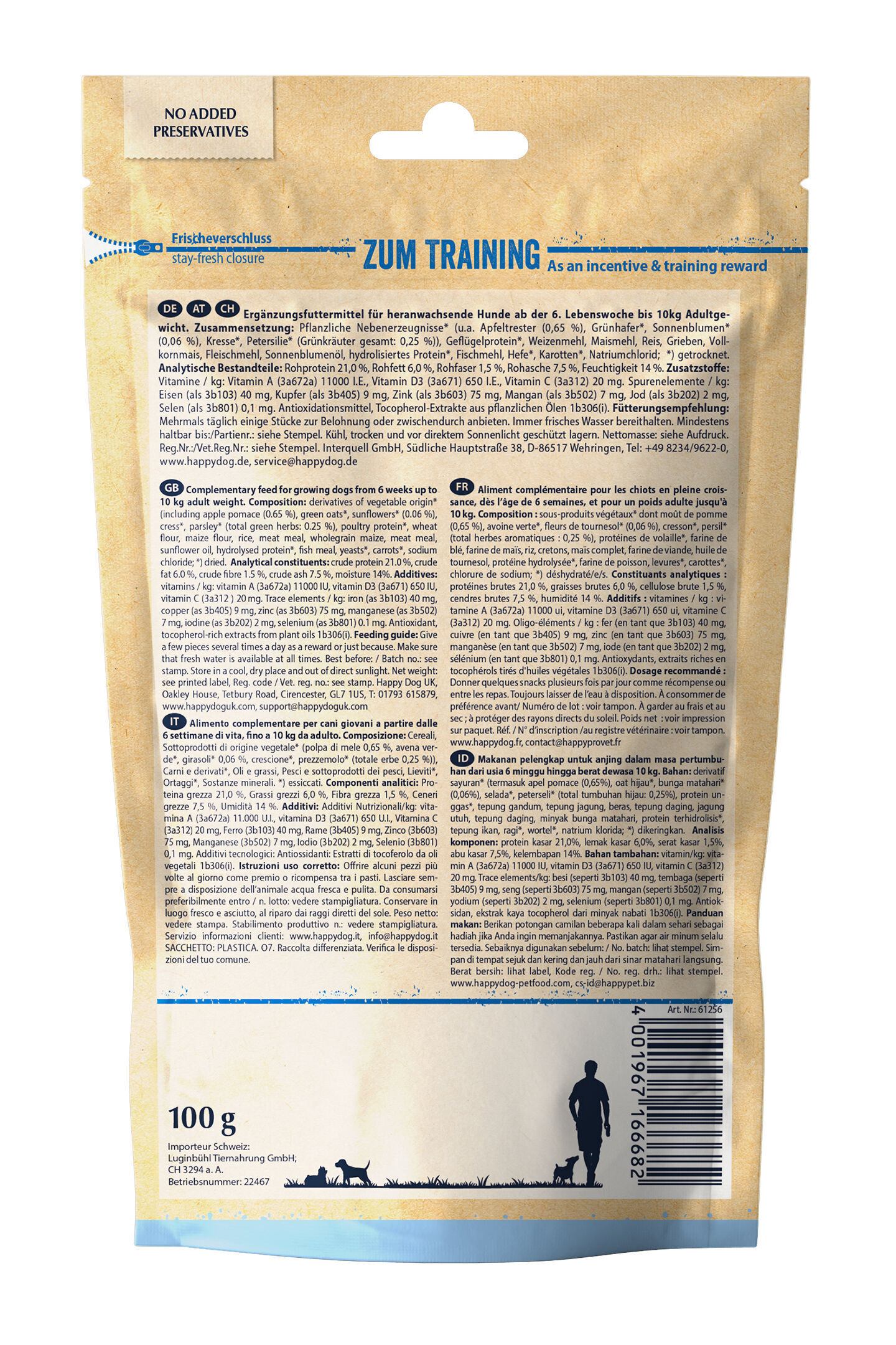 Packung Rückseite mit Text: "Frischverschluß, Ergänzungsfuttermittel für Hunde, Zusammensetzung, analytische Bestandteile, Zusatzstoffe, Fütterungsempfehlung." Marke: Happydog. Mindesthaltbarkeitsdatum unter Siegel. Website: www.happydog.de