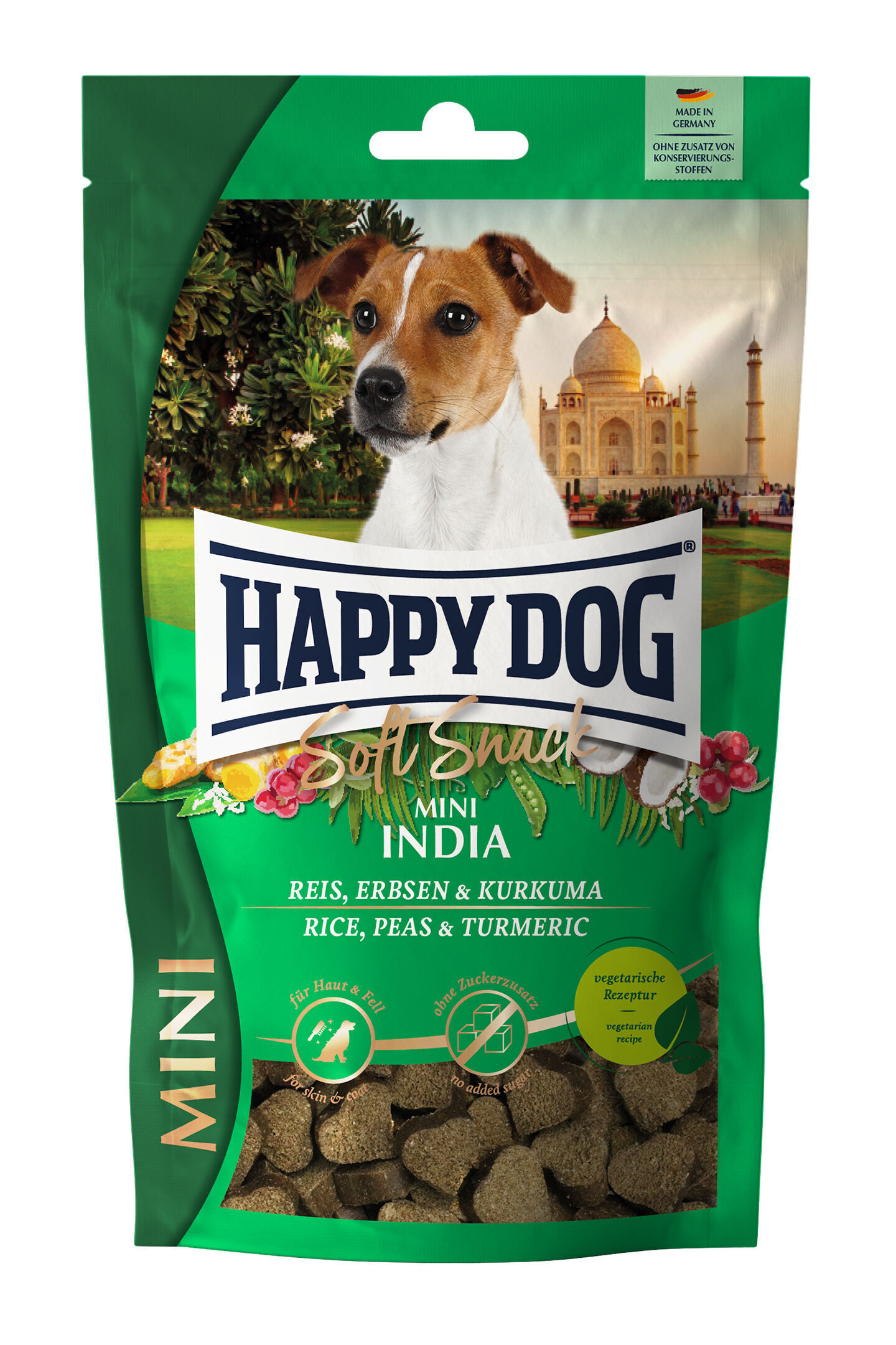 Verpackung mit Hundebild, Happy Dog Logo, Text: "Soft Snack Mini India, Reis, Erbsen & Kurkuma, für Haut & Fell, ohne Zuckerzusatz, vegetarische Rezeptur, Made in Germany."