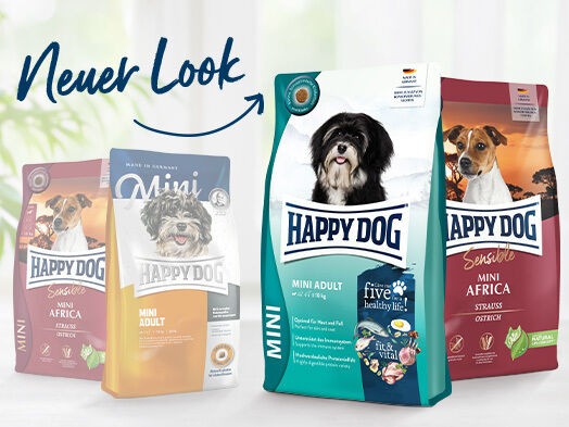 Darstellung der Designänderung von Happy Dog Verpackungen der Linie Mini.