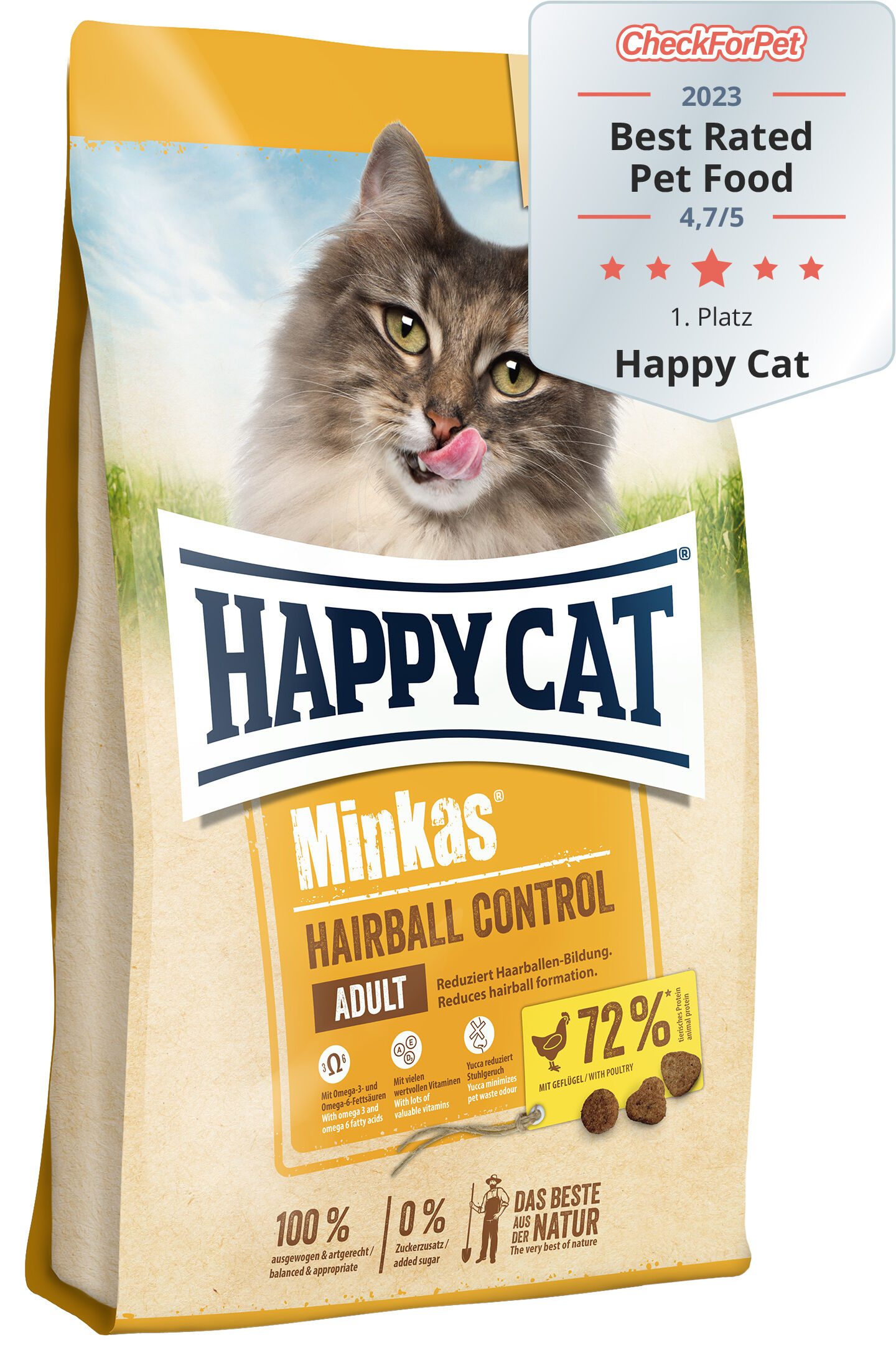 Verpackung für Happy Cat Minkas Hairball Control, Adult, mit 72% Geflügel; ausgezeichnet als „2023 Best Rated Pet Food“, 4,7/5 von CheckForPet. Bild einer Katze im oberen Bereich.