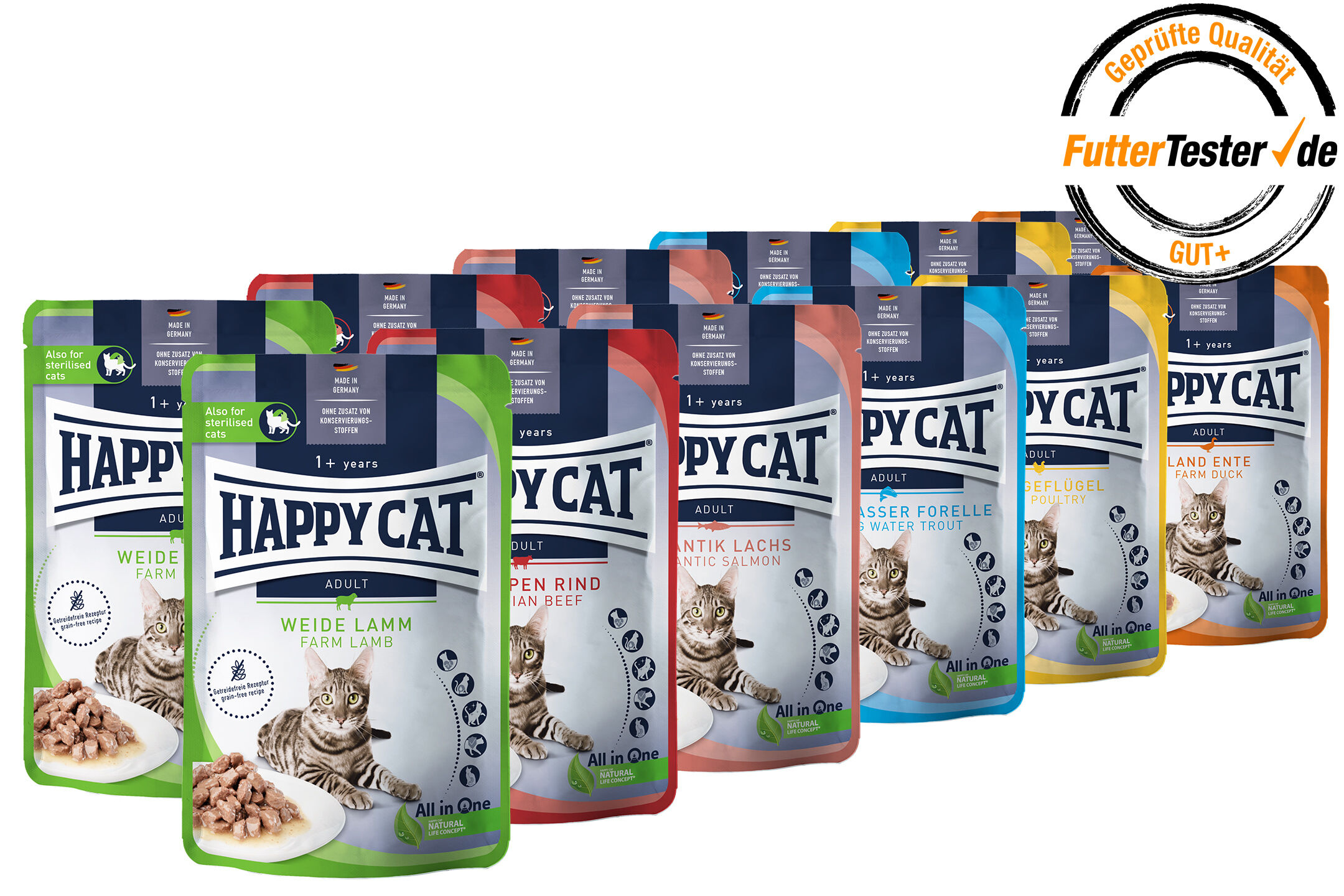 Mehrere Verpackungen von "Happy Cat" Nassfutter für Katzen mit verschiedenen Geschmacksrichtungen. Sie sind ansprechend designt, fördern Katzenernährung und sind qualitativ geprüft durch FutterTester.de.