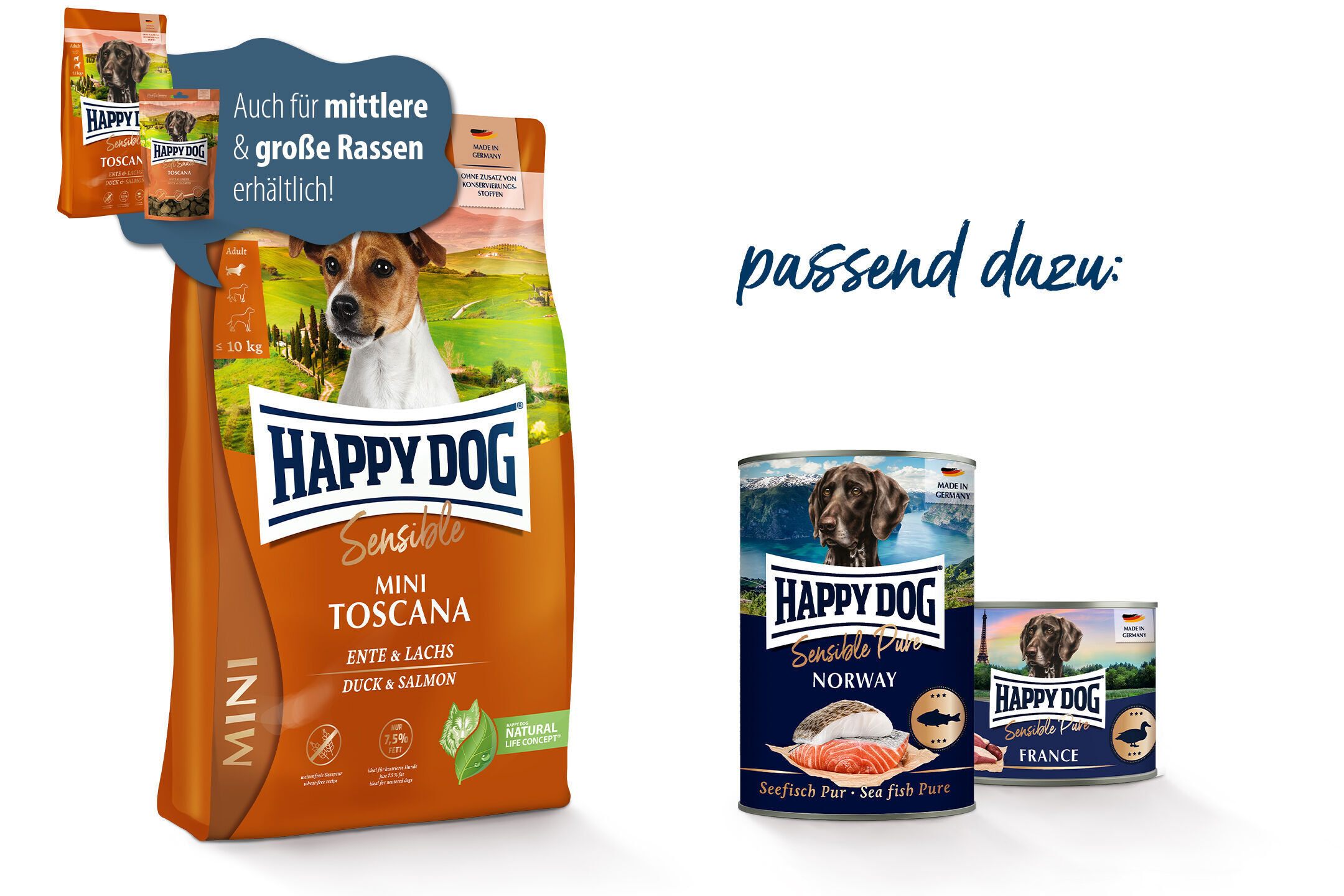 Zwei Verpackungen von Happydog-Hundefutter, links ein Beutel mit Ente und Lachs, rechts zwei Dosen mit Fischmotiven vor Landschaftsfotos. Text: „Auch für mittlere & große Rassen erhältlich.“