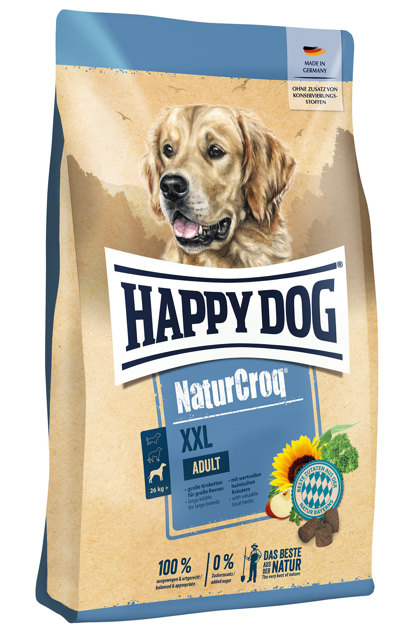 Verpackung für Hunde-Trockenfutter von Happydog, mit einem Hundebild und Text „NaturCroq XXL Adult“. Enthält Angaben zu Krokettengröße, Zutaten und Herkunft.
