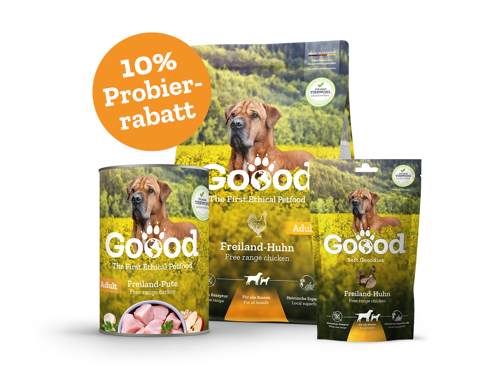 Verpackungen von Goood-Hundefutter, inklusive Dosen und Beutel, mit Bildern eines Hundes und Texten wie "Freiland-Huhn" und "10% Probierrabatt". Signalisieren ethische Herstellung.