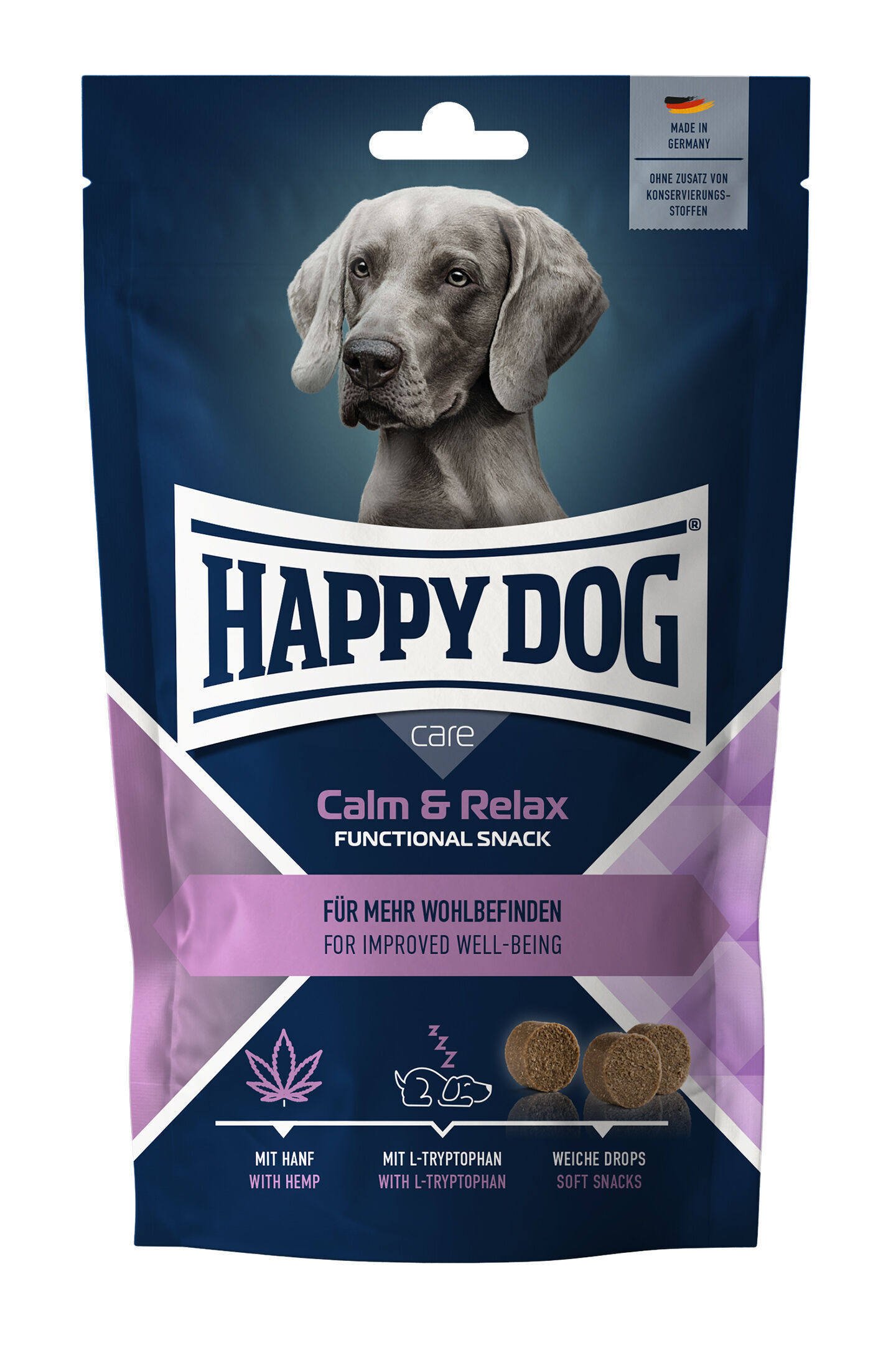 Care Snack Calm & Relax Eine Verpackung von Hundesnacks der Marke Happy Dog mit einem Hundebild und Aufschrift „Calm & Relax Functional Snack für mehr Wohlbefinden”. Zutaten: Hanf, L-Tryptophan.
