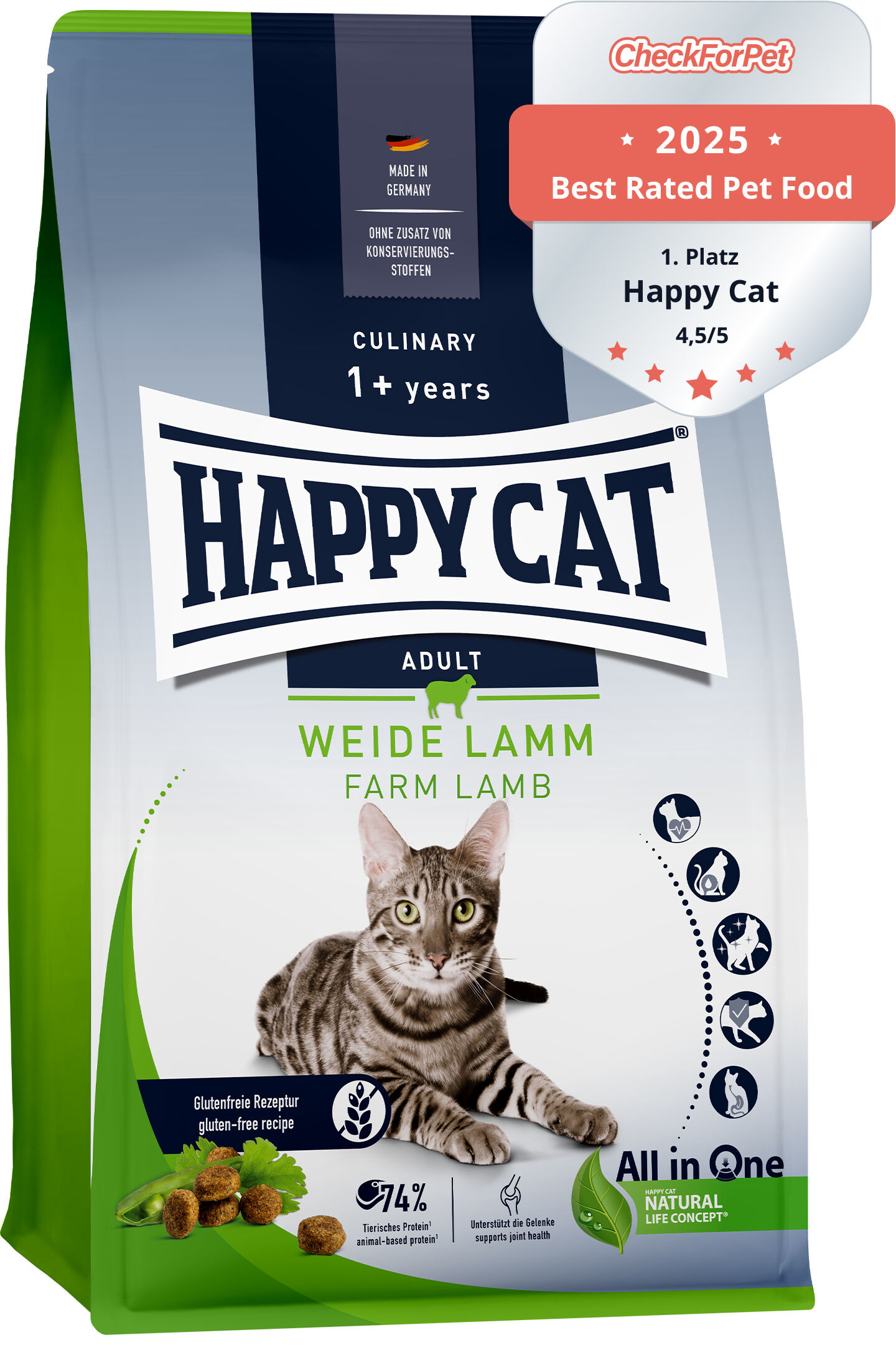 Verpackung von "Happy Cat" Trockenfutter, Weide Lamm, für erwachsene Katzen; glutenfrei, 74% tierisches Protein. Auszeichnung: CheckForPet 2023, Best Rated Pet Food 4,7/5.
